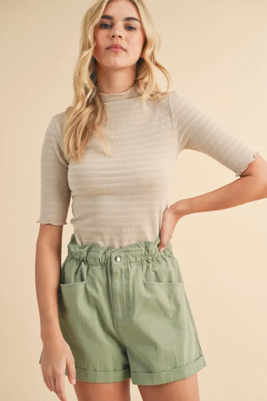 Beige Lettuce Trim Mock Neck Top sold by Pinkblush