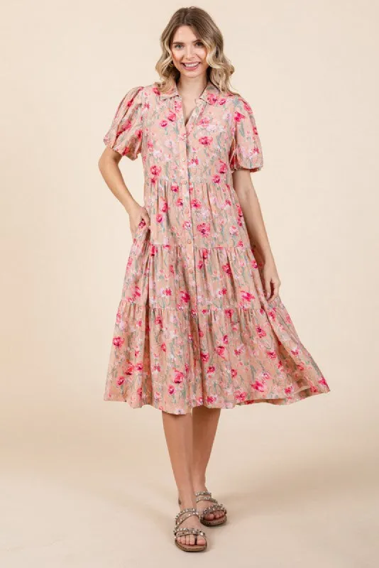 Peach Floral Button Down Tiered Midi Dress sold by Pinkblush