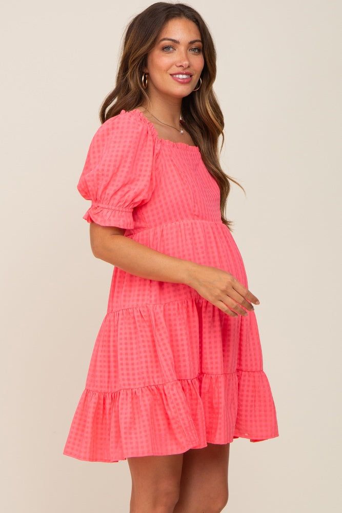 Coral Plaid Square Ruffle Neck Tiered Maternity Dress sold by Pinkblush product image thumbnail 3