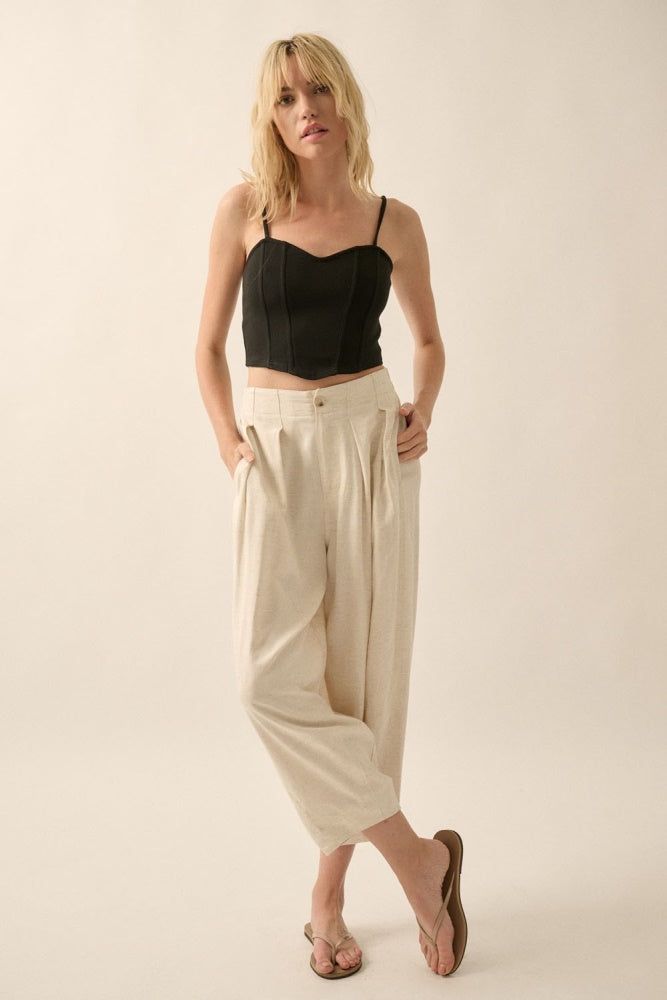 Oatmeal Solid Woven Pleated-Front Wide Leg Pants sold by Pinkblush