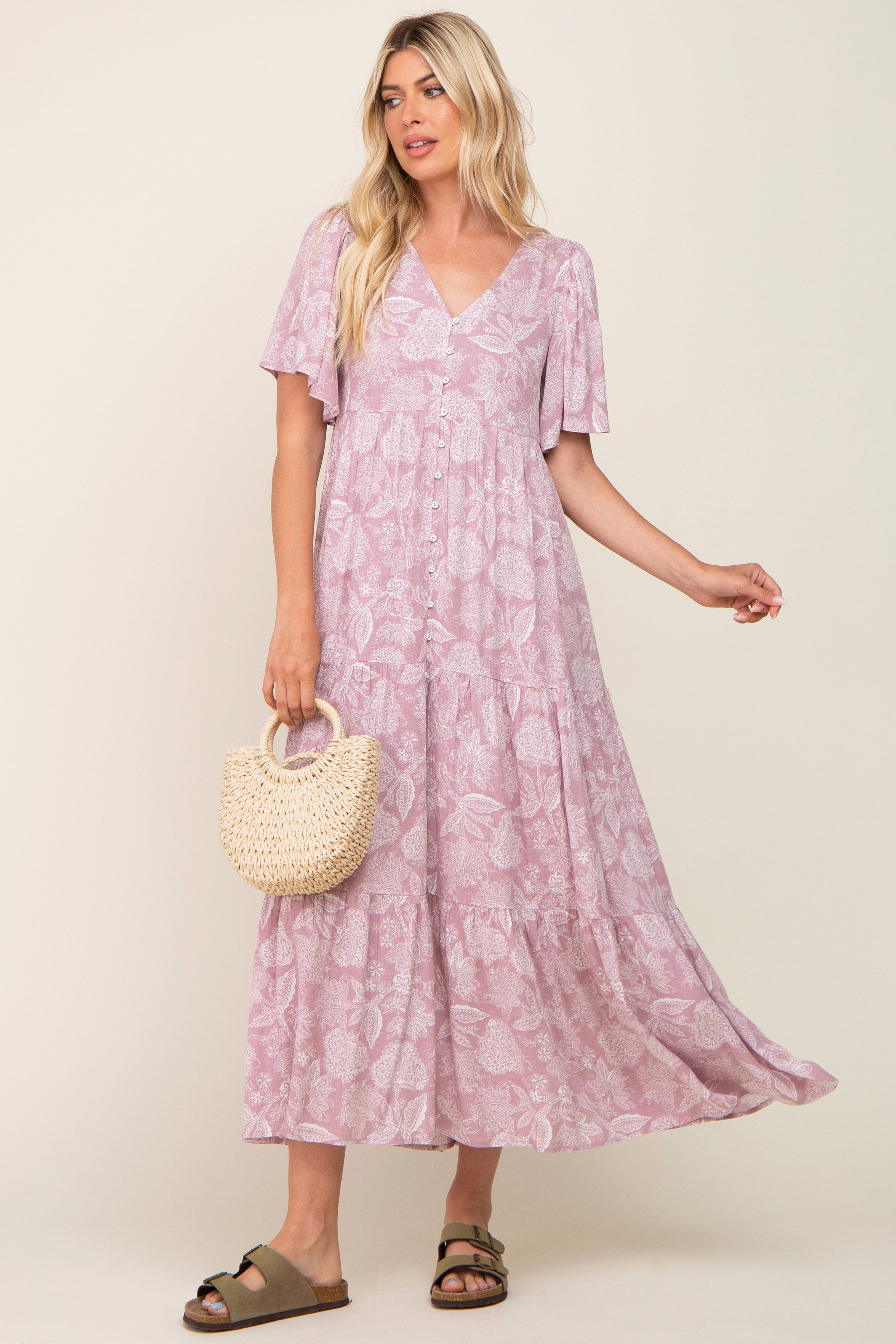 Lavender Paisley Button Down Tiered Maxi Dress sold by Pinkblush
