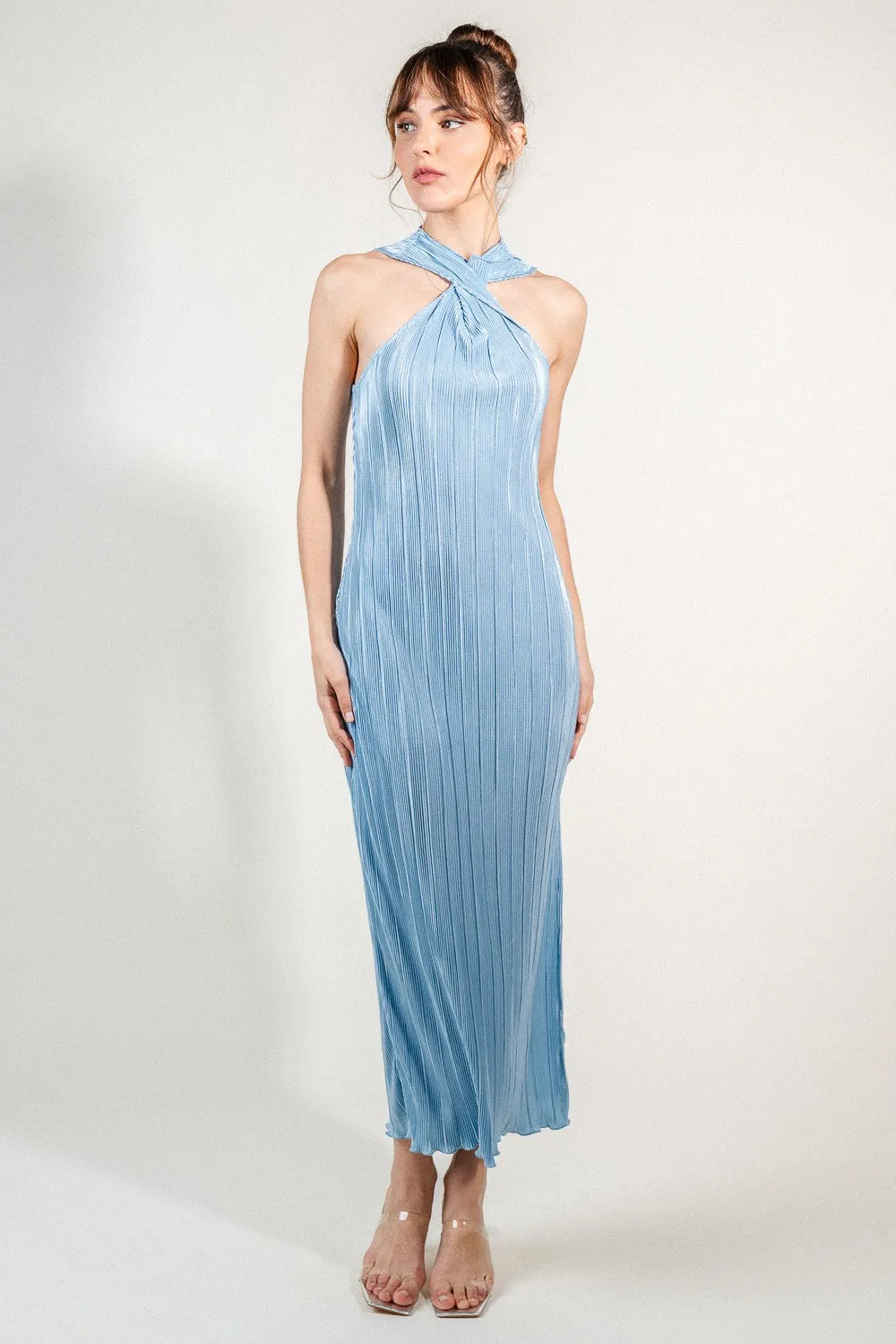 Light Blue Crinkle Front Twist Neck Maxi Dress sold by Pinkblush