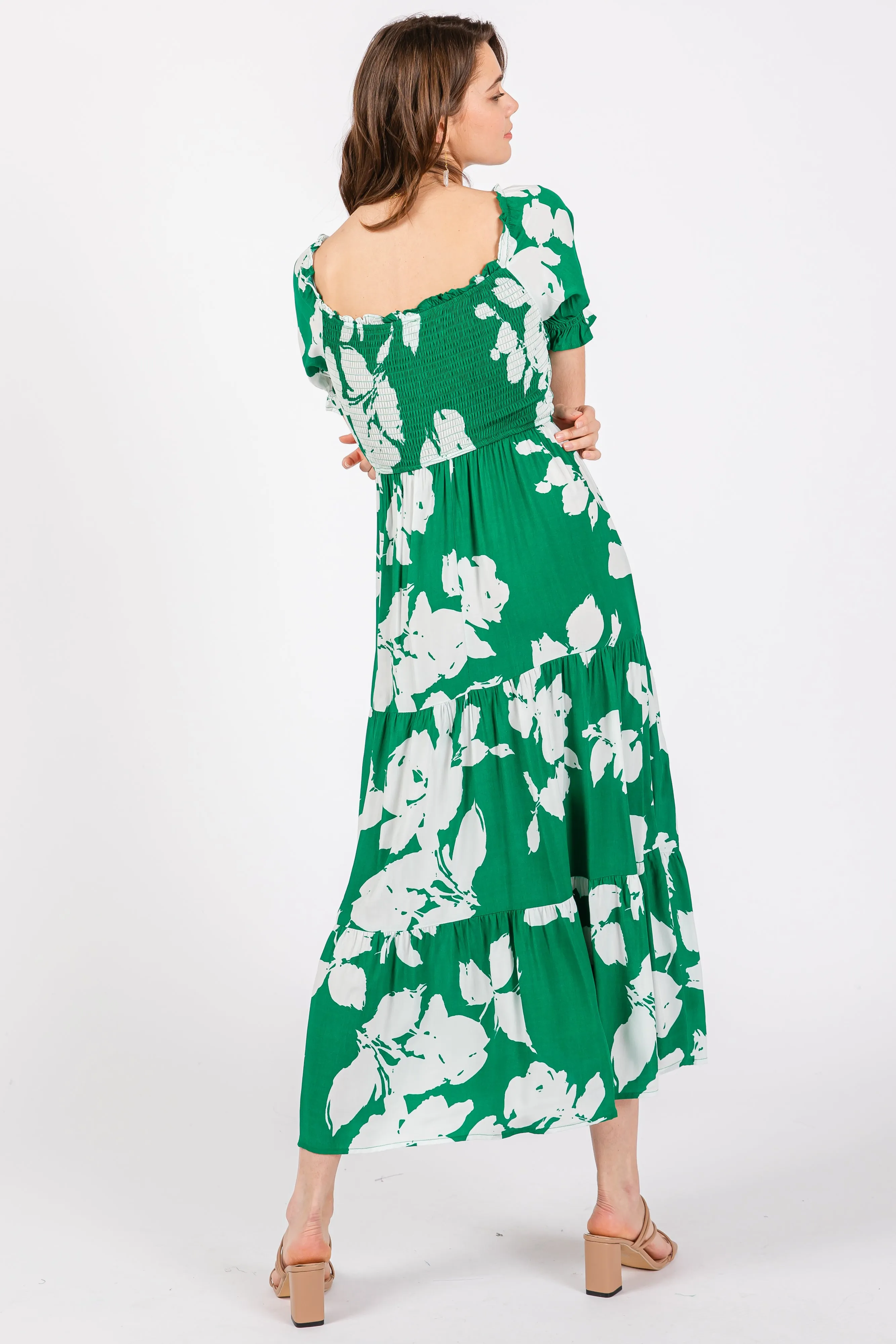 Green Floral Smocked Knotted Top Maxi Dress sold by Pinkblush product image thumbnail 3