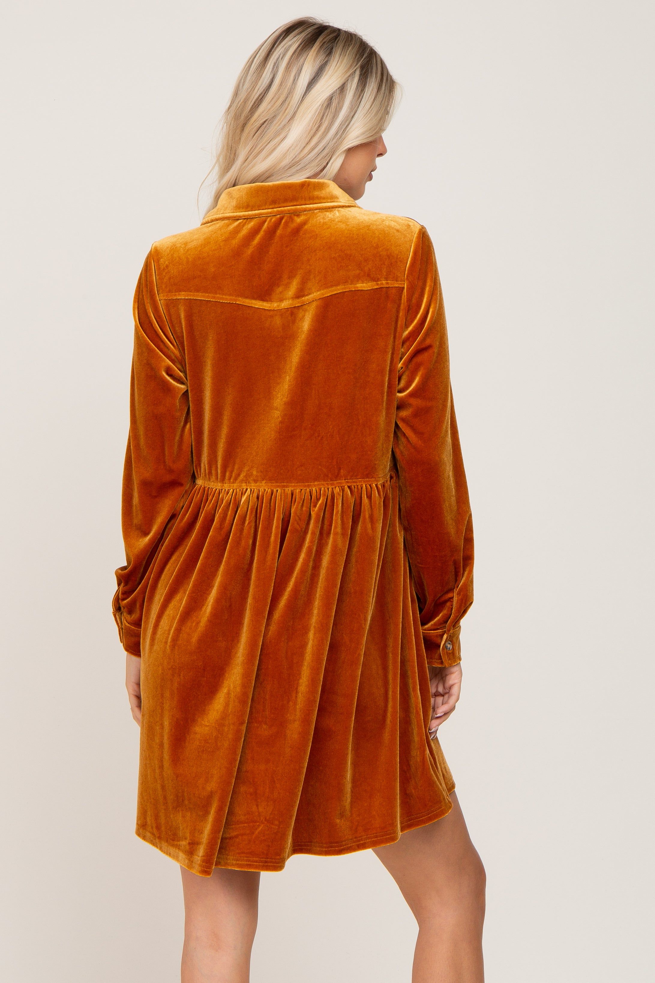 Dark Yellow Velvet Button Down Mini Dress sold by Pinkblush product image thumbnail 3