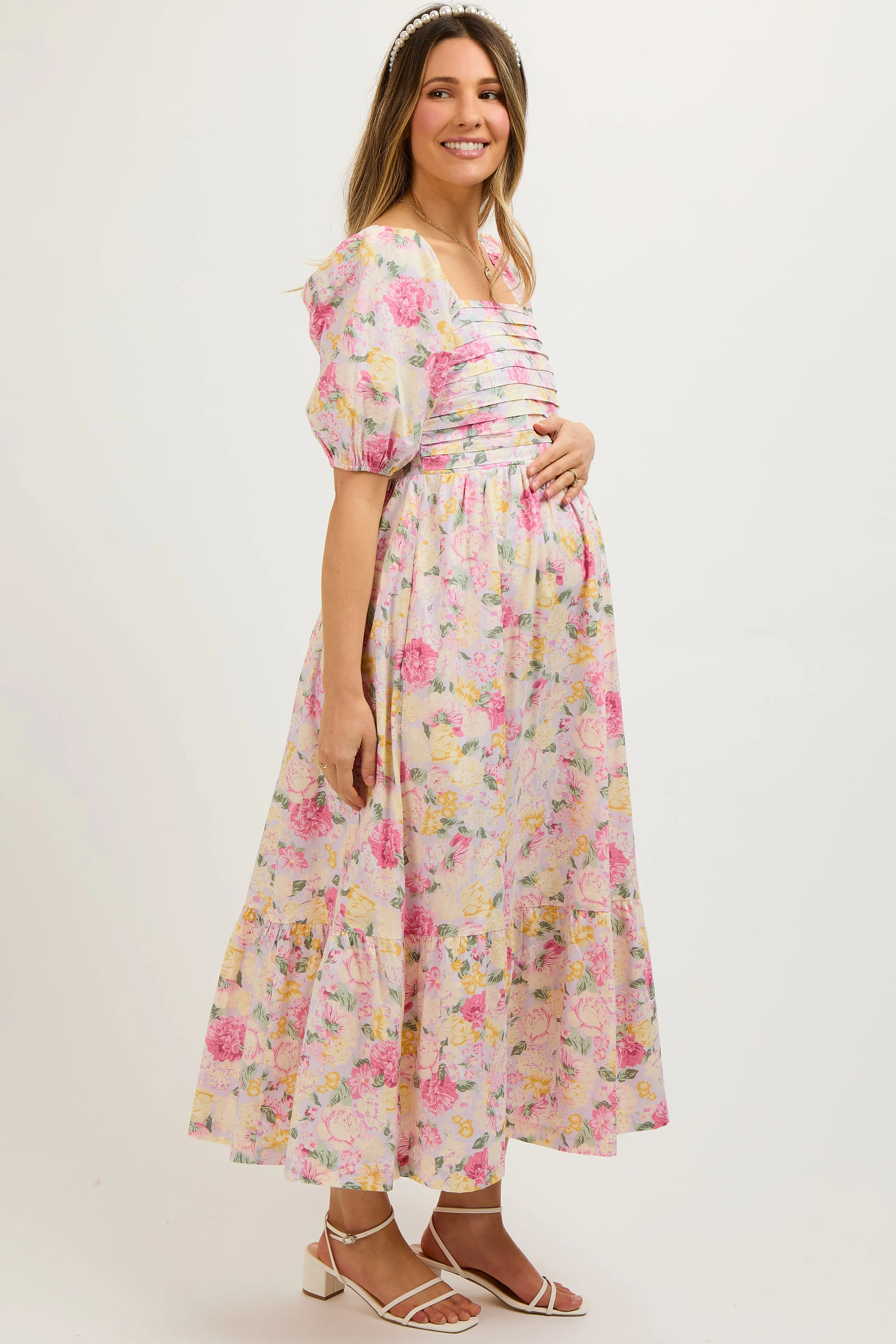 Lavender Floral Pleated Puff Sleeve Maternity Midi Dress sold by Pinkblush product image thumbnail 3