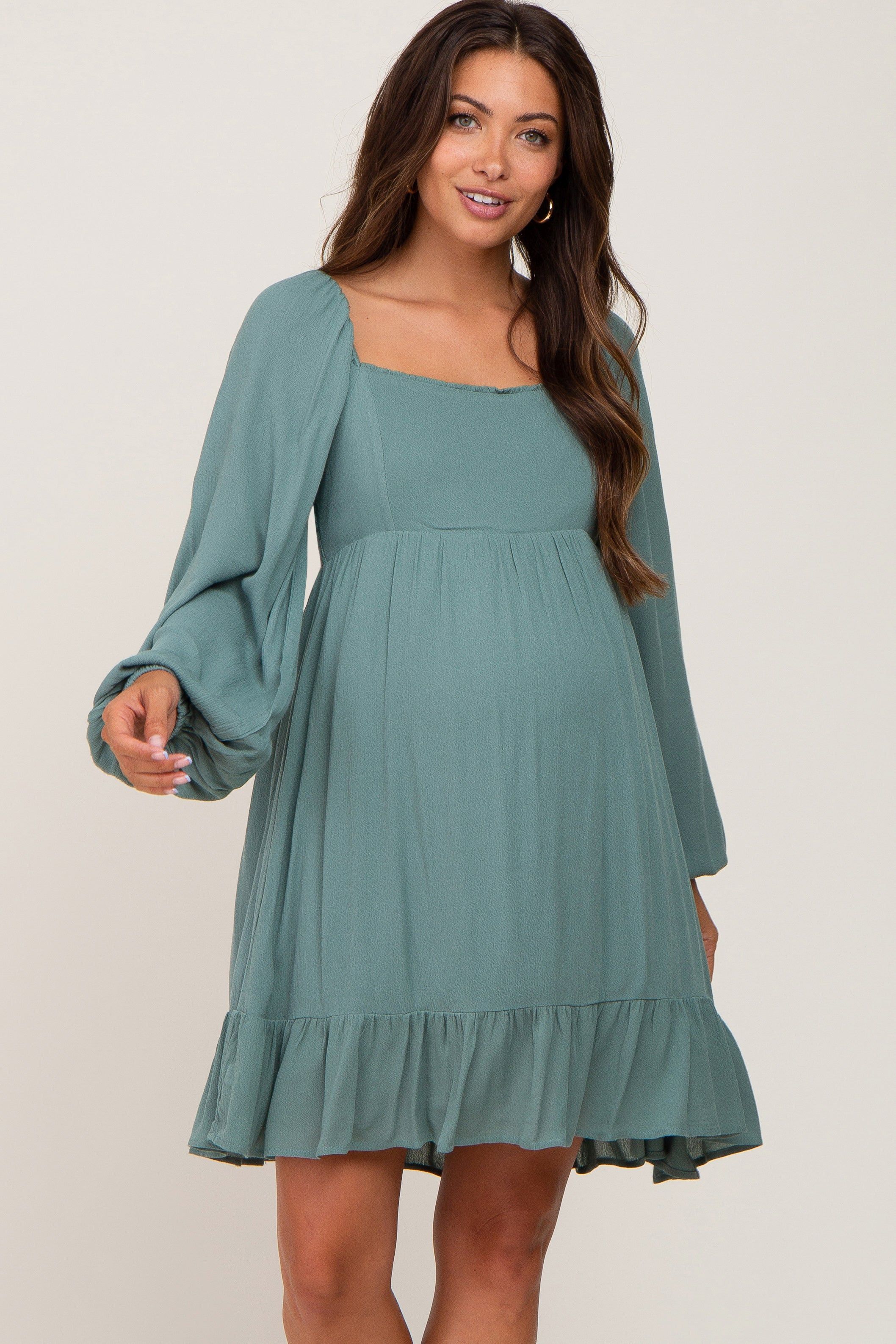 Olive Square Neck Puff Long Sleeve Maternity Dress sold by Pinkblush product image thumbnail 2