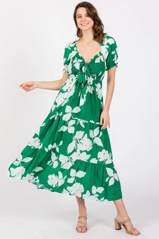Green Floral Smocked Knotted Top Maxi Dress sold by Pinkblush
