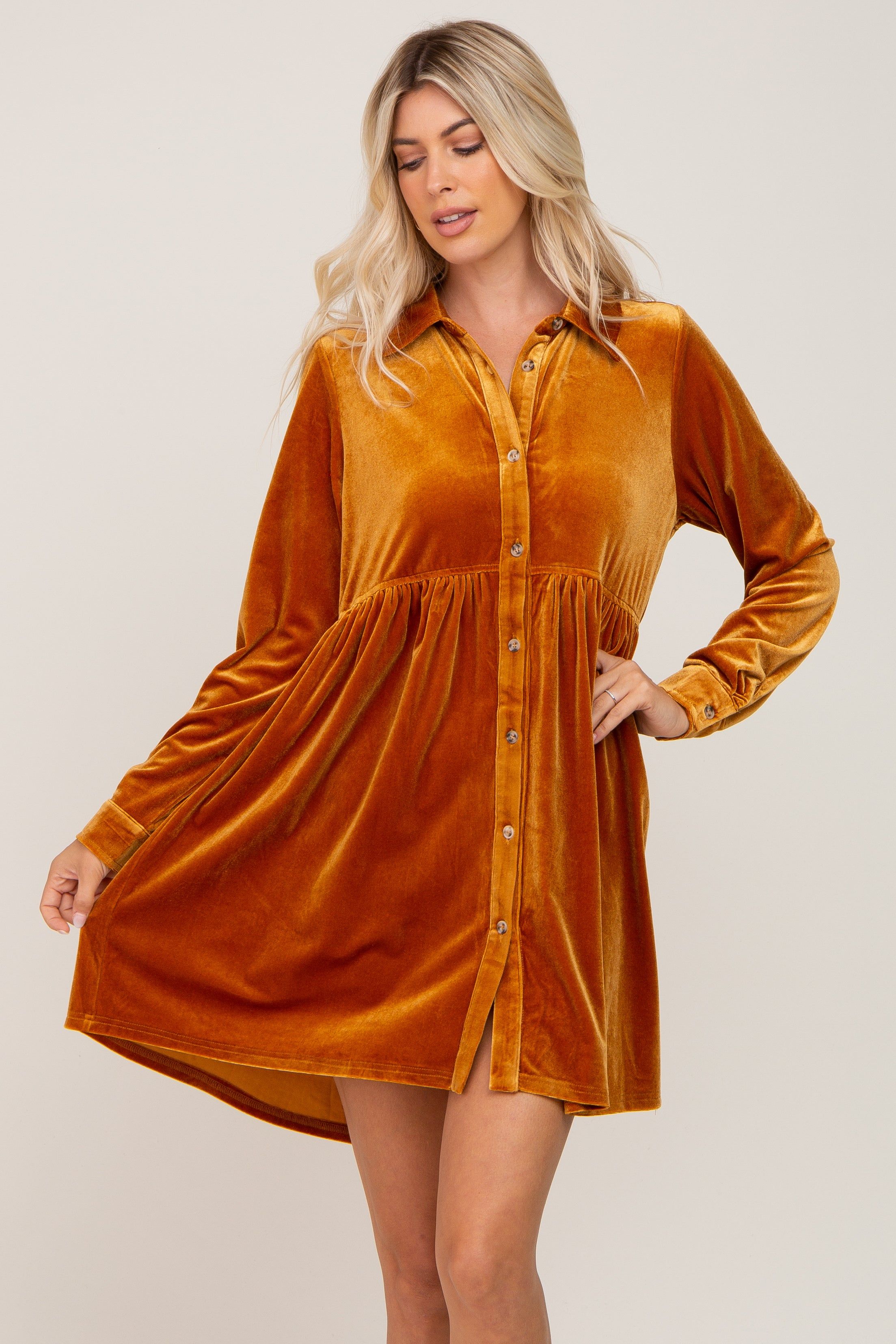 Dark Yellow Velvet Button Down Mini Dress sold by Pinkblush