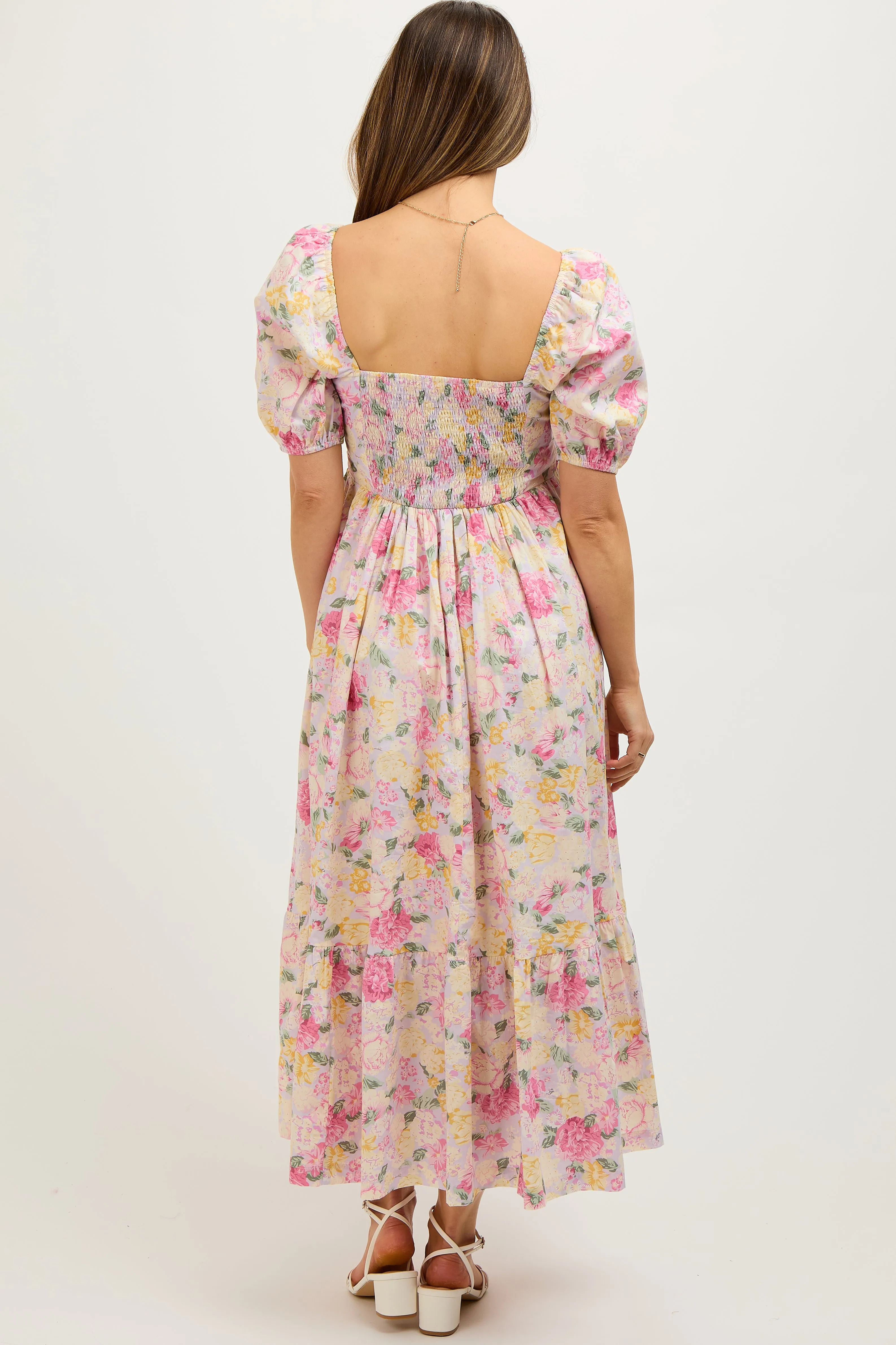 Lavender Floral Pleated Puff Sleeve Maternity Midi Dress sold by Pinkblush product image thumbnail 4