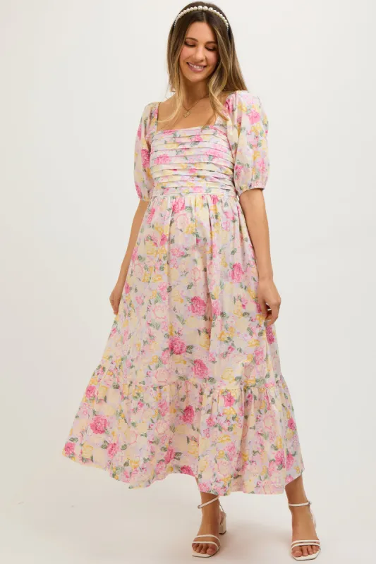 Lavender Floral Pleated Puff Sleeve Maternity Midi Dress sold by Pinkblush