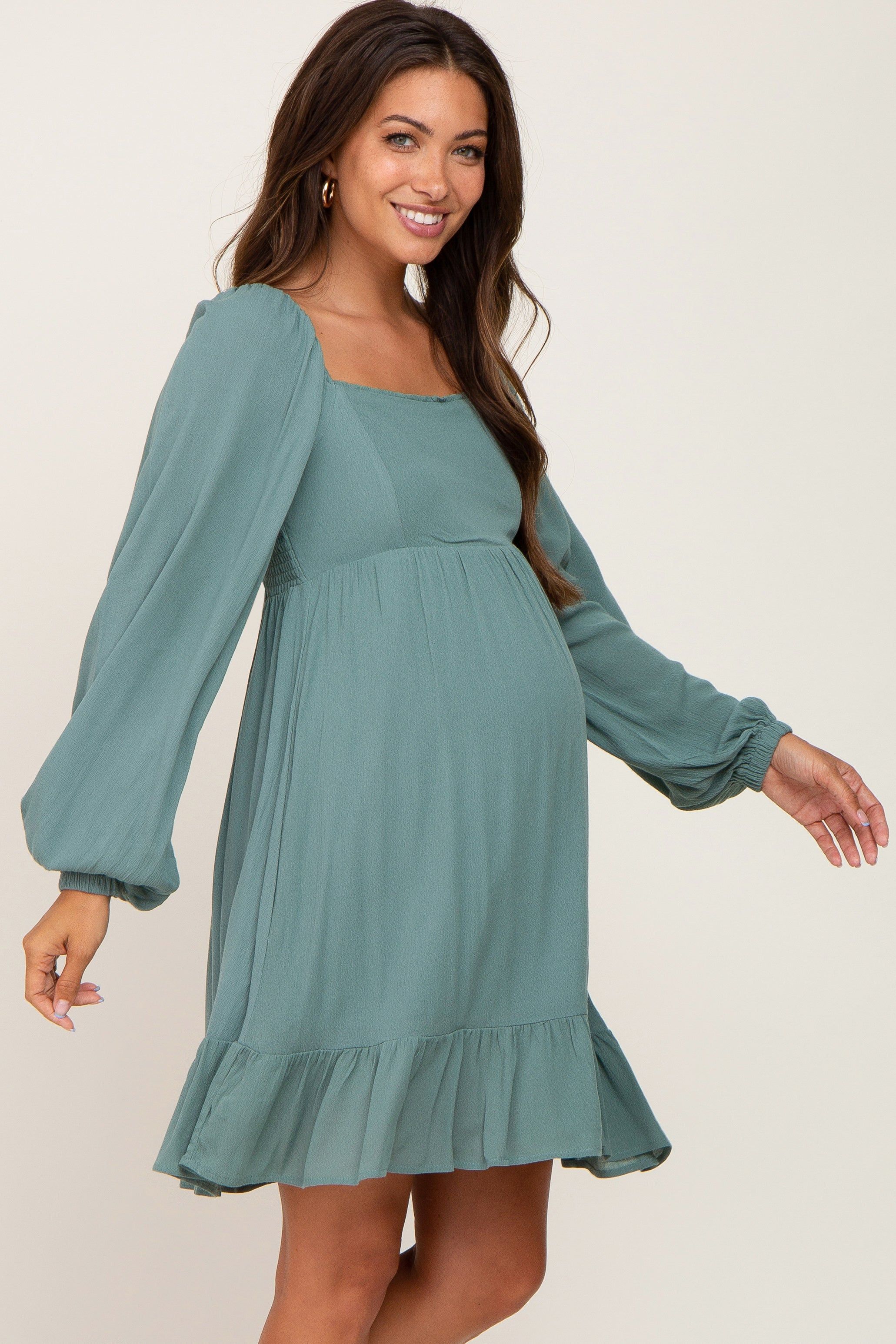 Olive Square Neck Puff Long Sleeve Maternity Dress sold by Pinkblush product image thumbnail 3