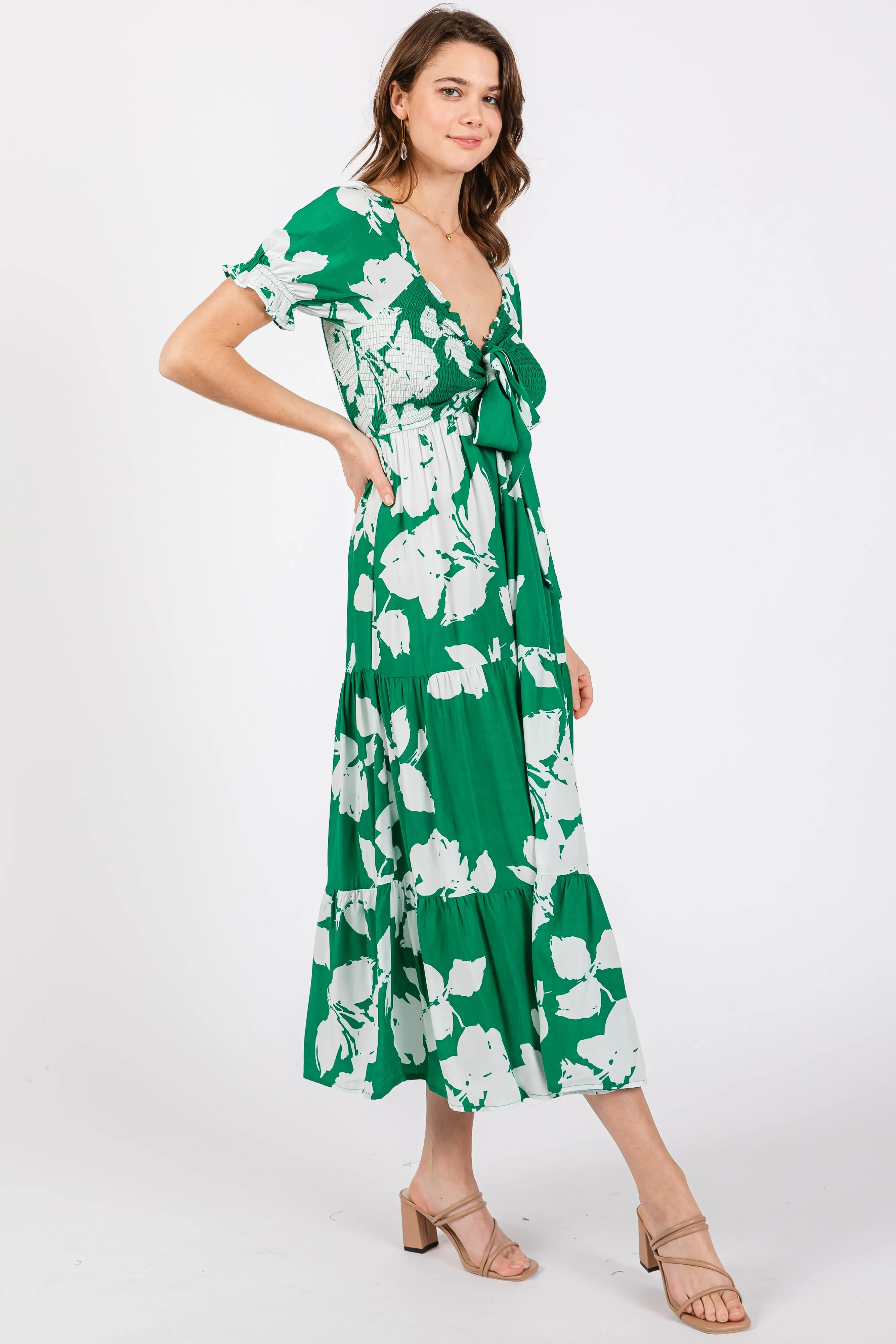 Green Floral Smocked Knotted Top Maxi Dress sold by Pinkblush product image thumbnail 2