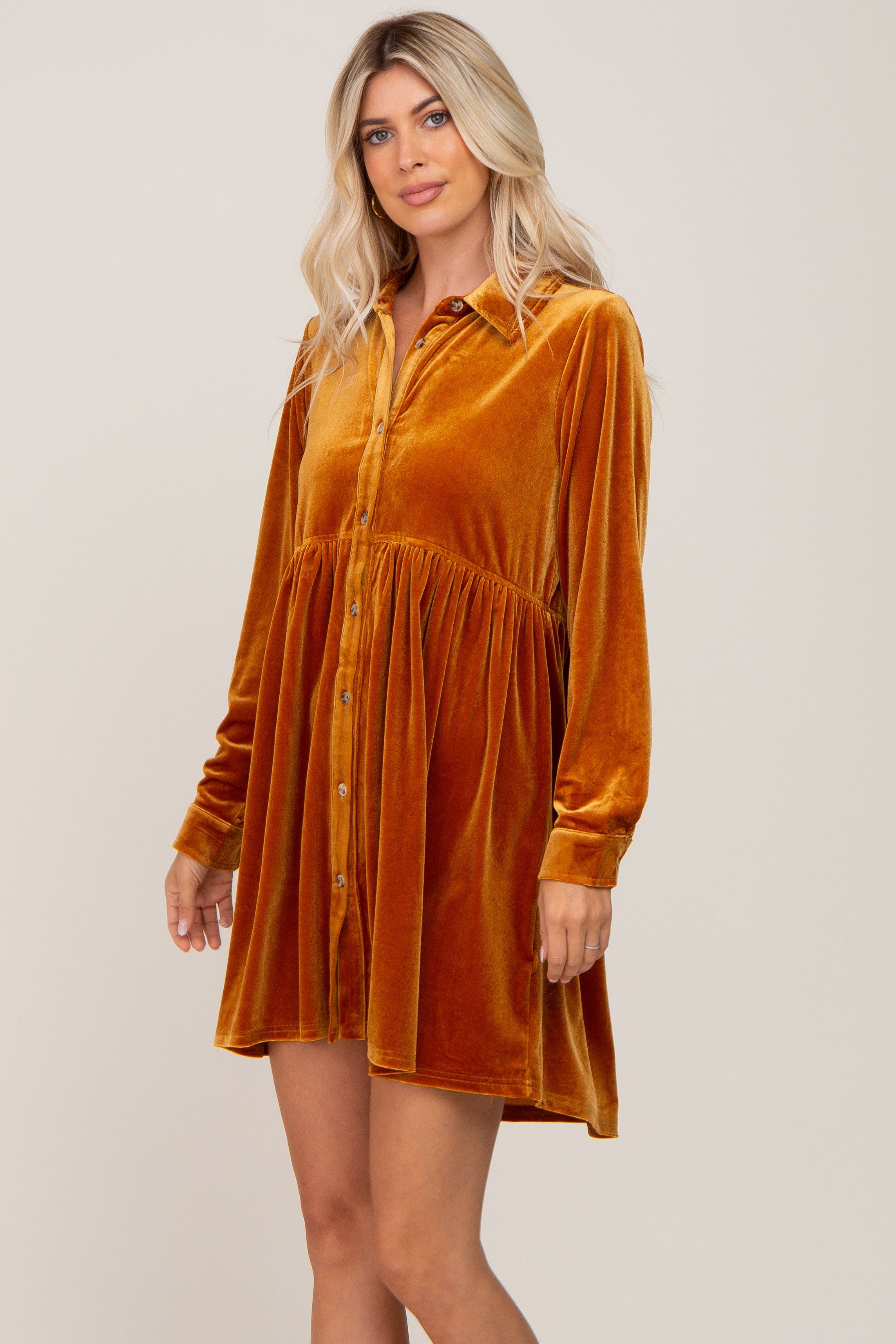 Dark Yellow Velvet Button Down Mini Dress sold by Pinkblush product image thumbnail 2