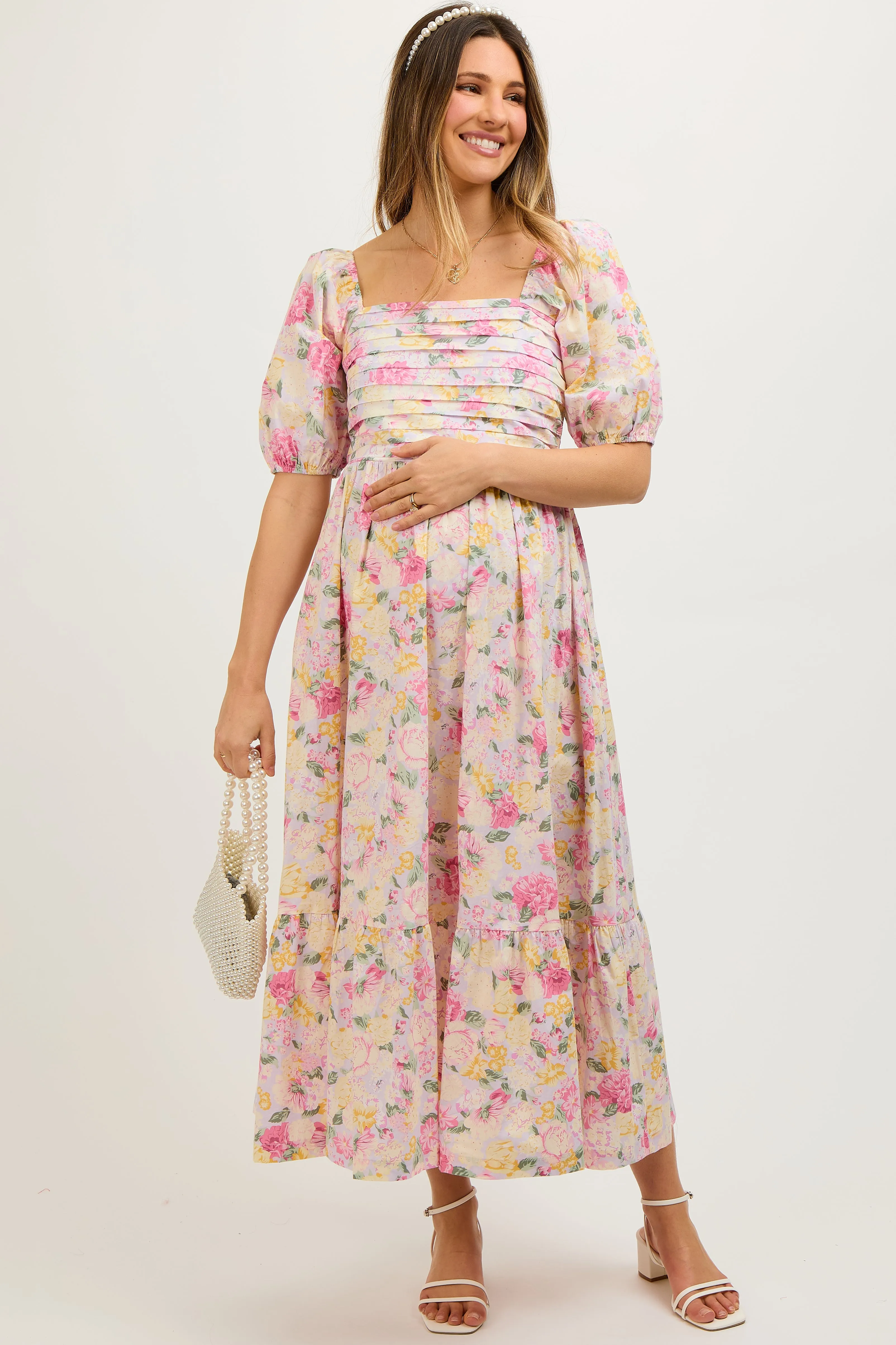 Lavender Floral Pleated Puff Sleeve Maternity Midi Dress sold by Pinkblush product image thumbnail 2