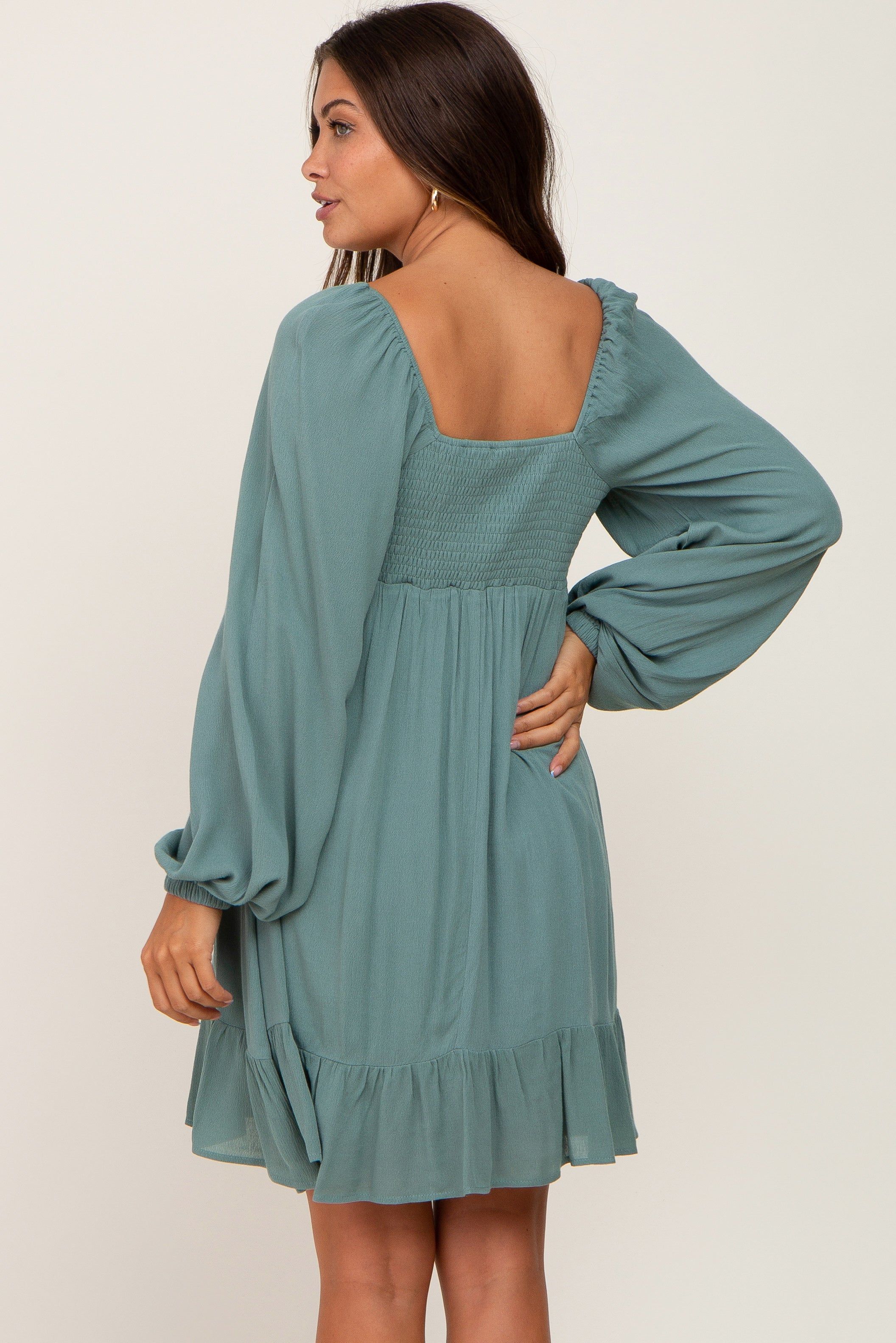 Olive Square Neck Puff Long Sleeve Maternity Dress sold by Pinkblush product image thumbnail 4