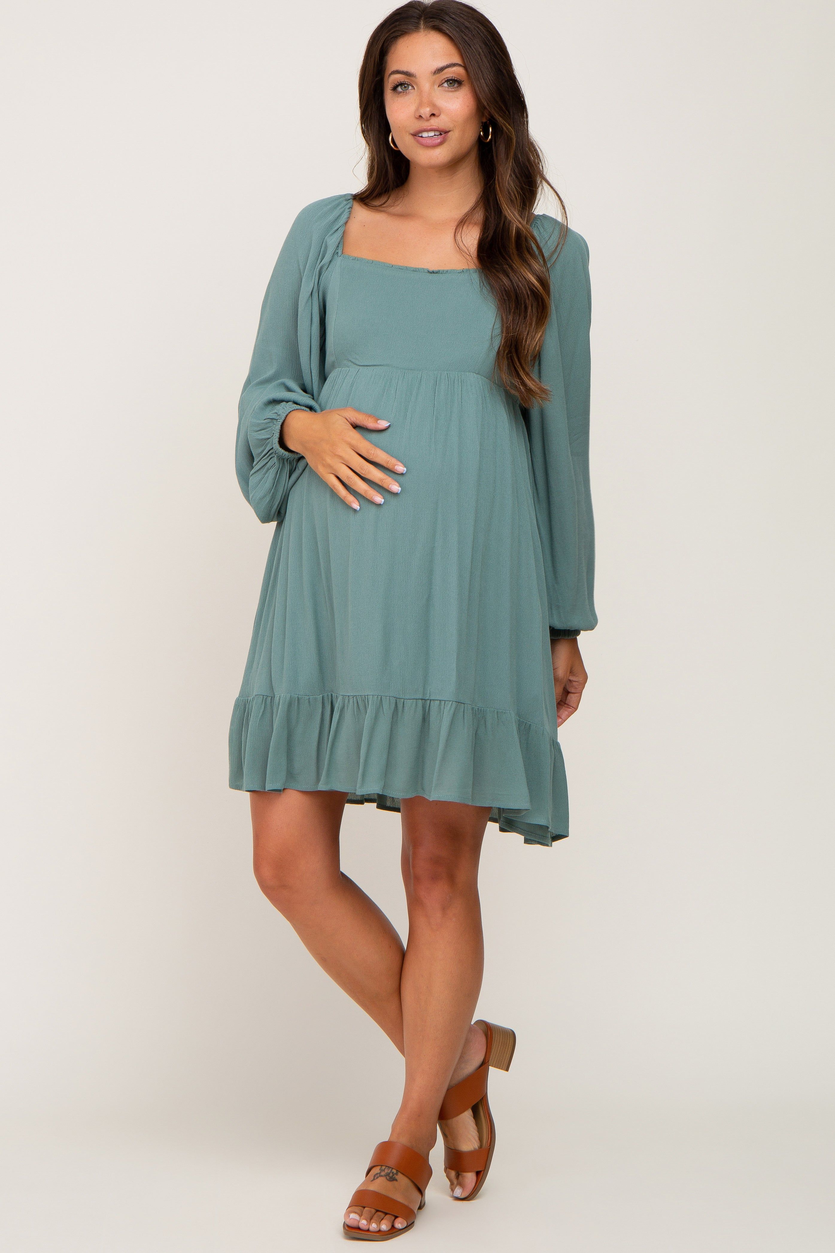 Olive Square Neck Puff Long Sleeve Maternity Dress sold by Pinkblush