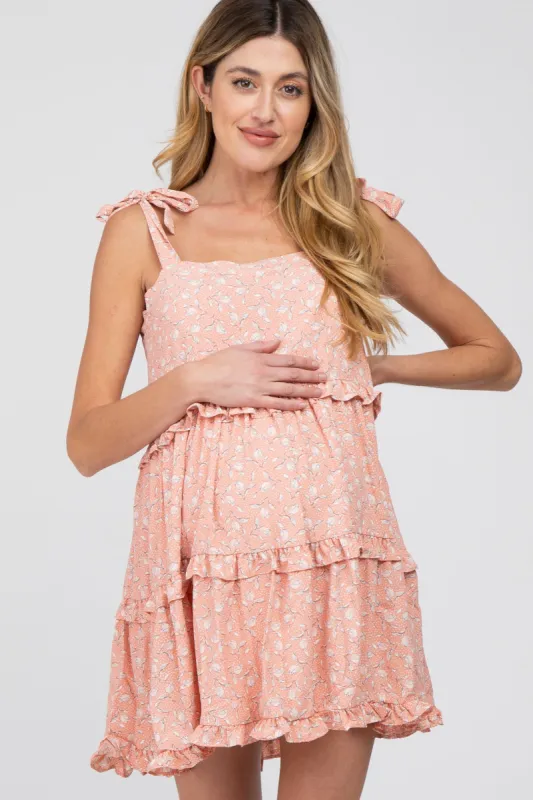 Peach Floral Tiered Maternity Mini Dress sold by Pinkblush