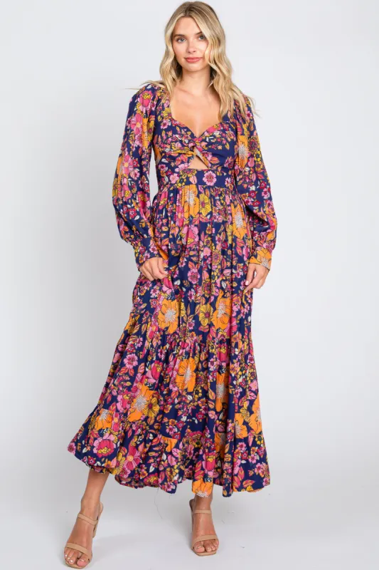 Navy Blue Floral Knot Front Twist Cutout Long Sleeve Maxi Dress sold by Pinkblush