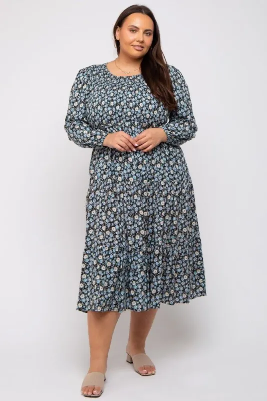 Black Floral Smocked 3/4 Sleeve Plus Midi Dress sold by Pinkblush