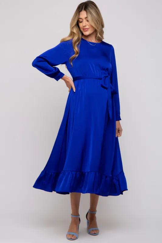 Royal Satin Belted Waist Maternity Midi Dress sold by Pinkblush