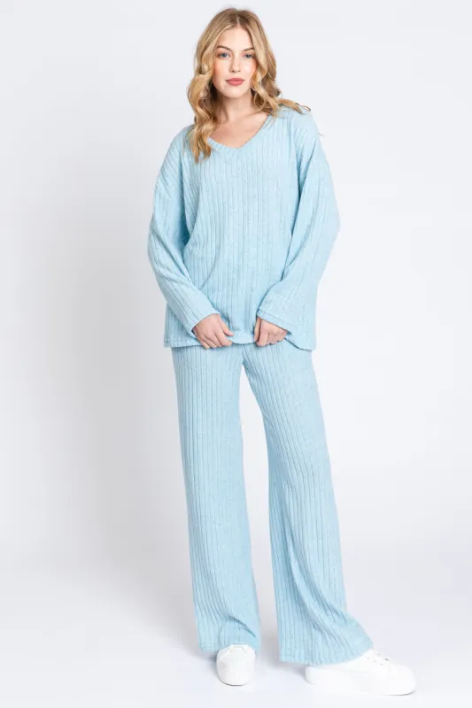 Light Blue Ribbed Soft Knit Long Sleeve Pajama Set sold by Pinkblush