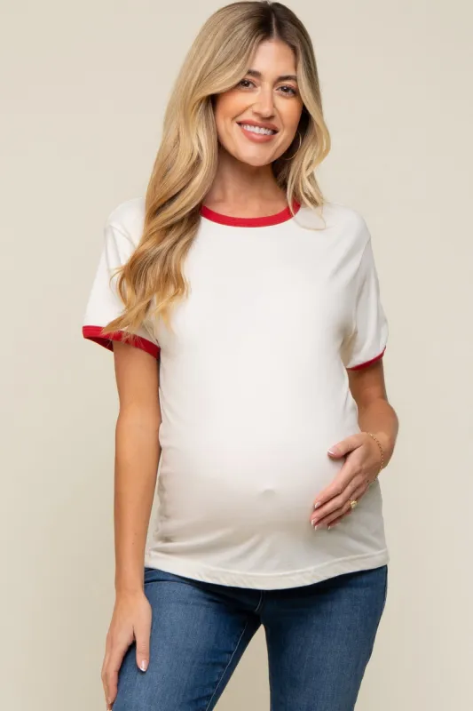 Red Cream Short Sleeve Maternity Ringer Tee sold by Pinkblush