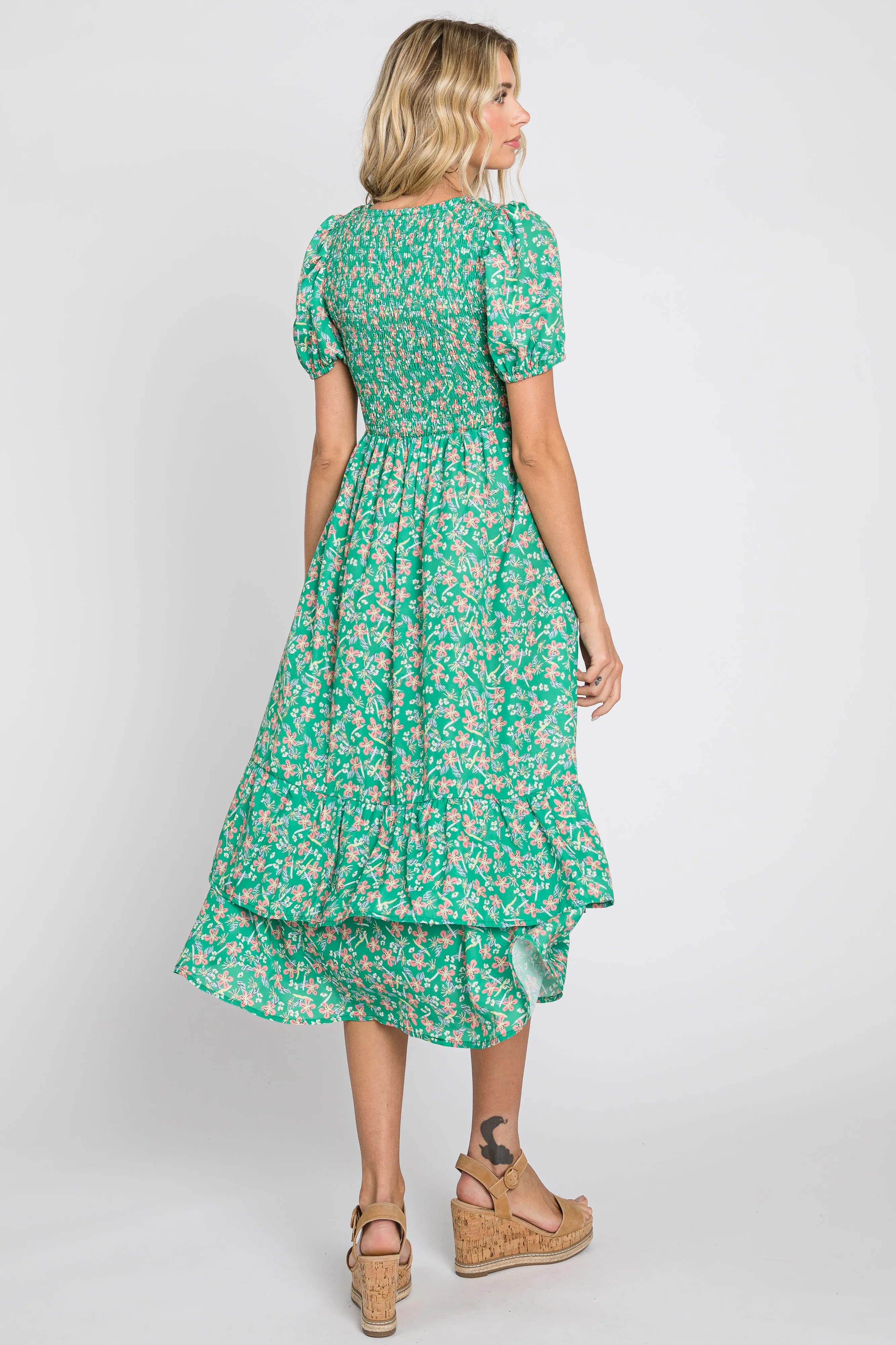 Green Floral Smocked Layered Midi Dress sold by Pinkblush product image thumbnail 3