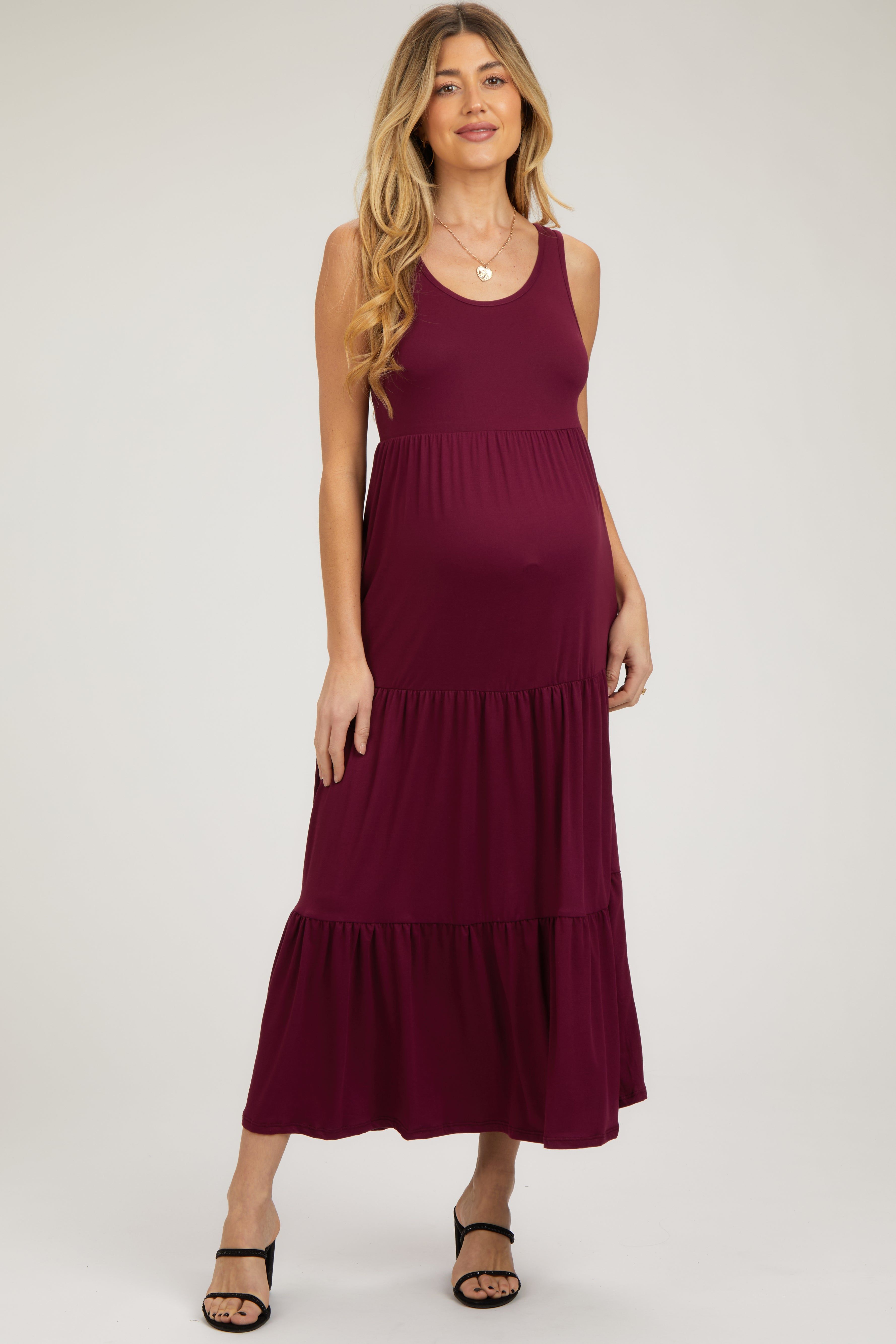 Burgundy Sleeveless Scoop Back Tiered Maternity Maxi Dress sold by Pinkblush