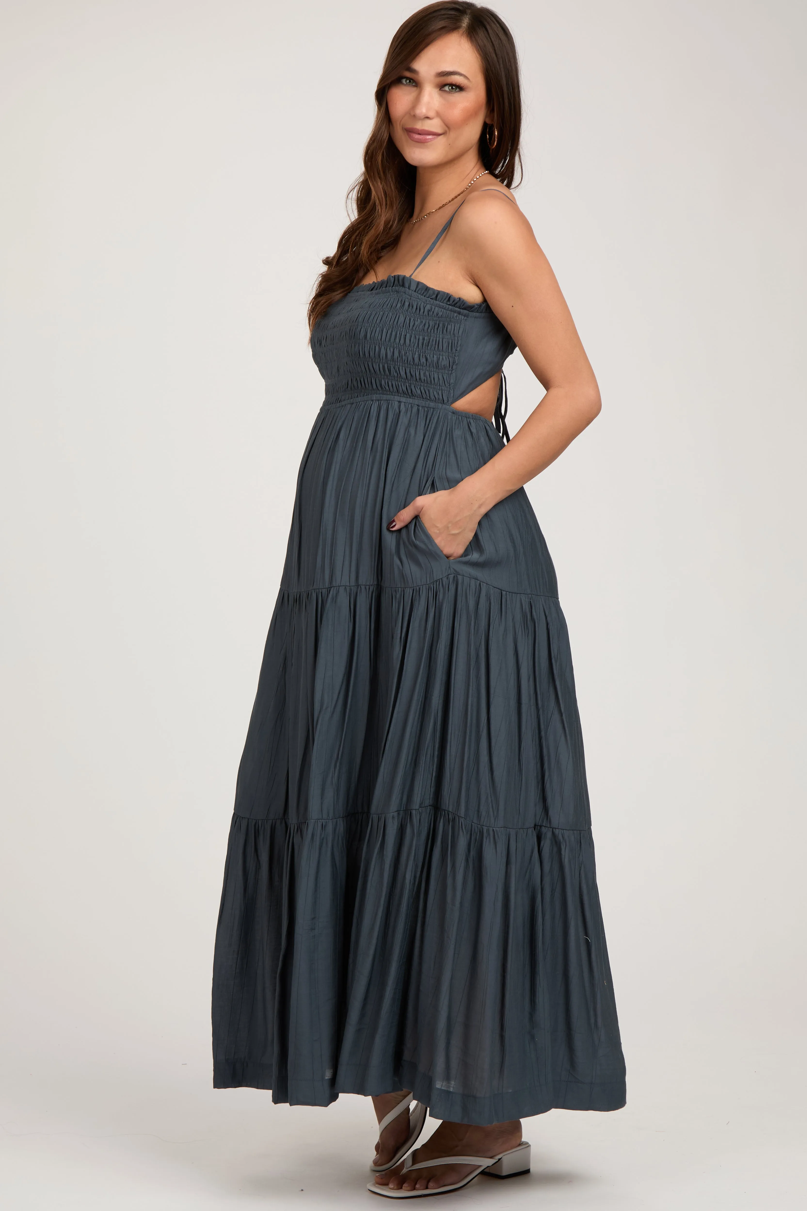 Navy Blue Smocked Square Neck Back Cutout Tiered Maternity Midi Dress sold by Pinkblush product image thumbnail 3