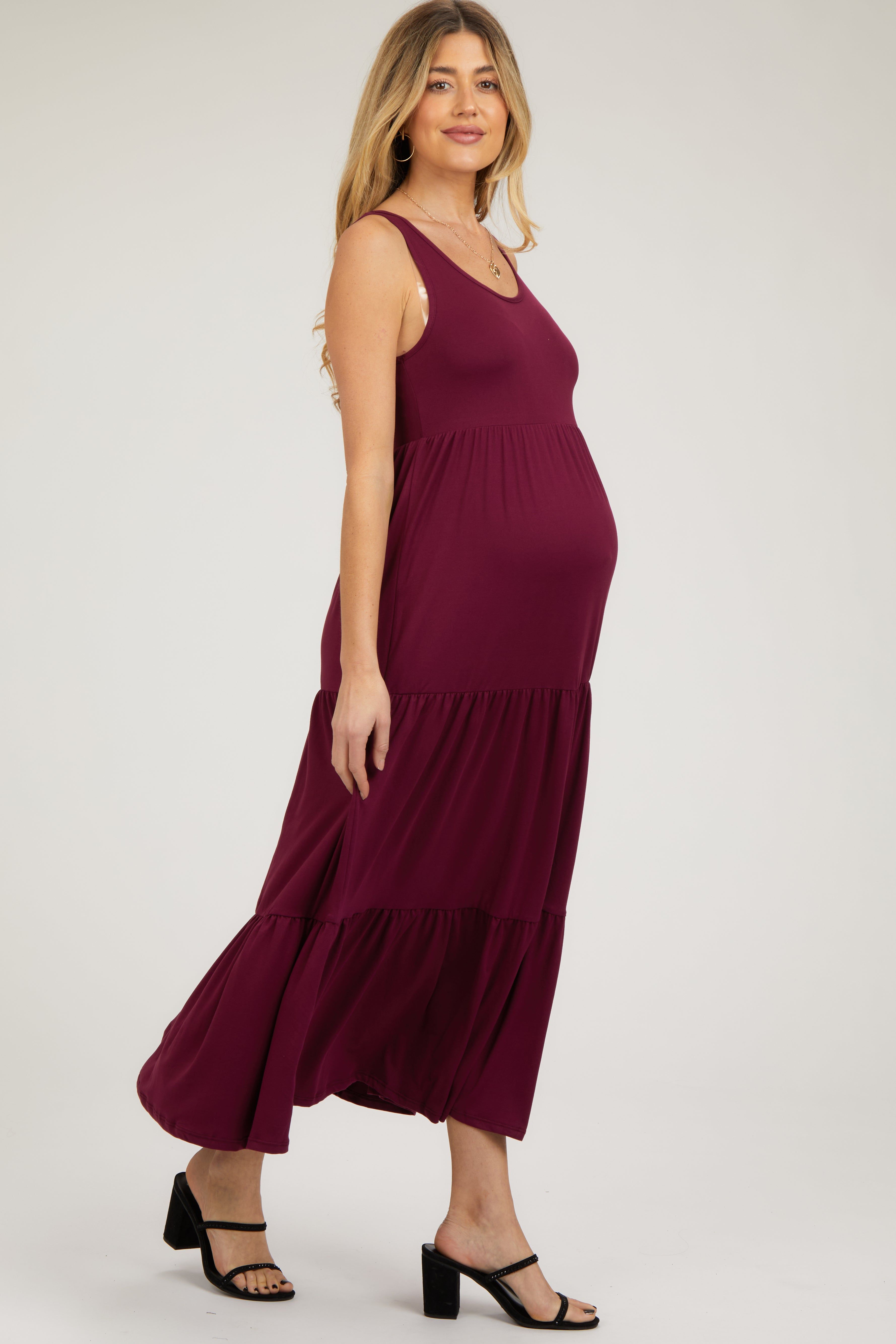 Burgundy Sleeveless Scoop Back Tiered Maternity Maxi Dress sold by Pinkblush product image thumbnail 2