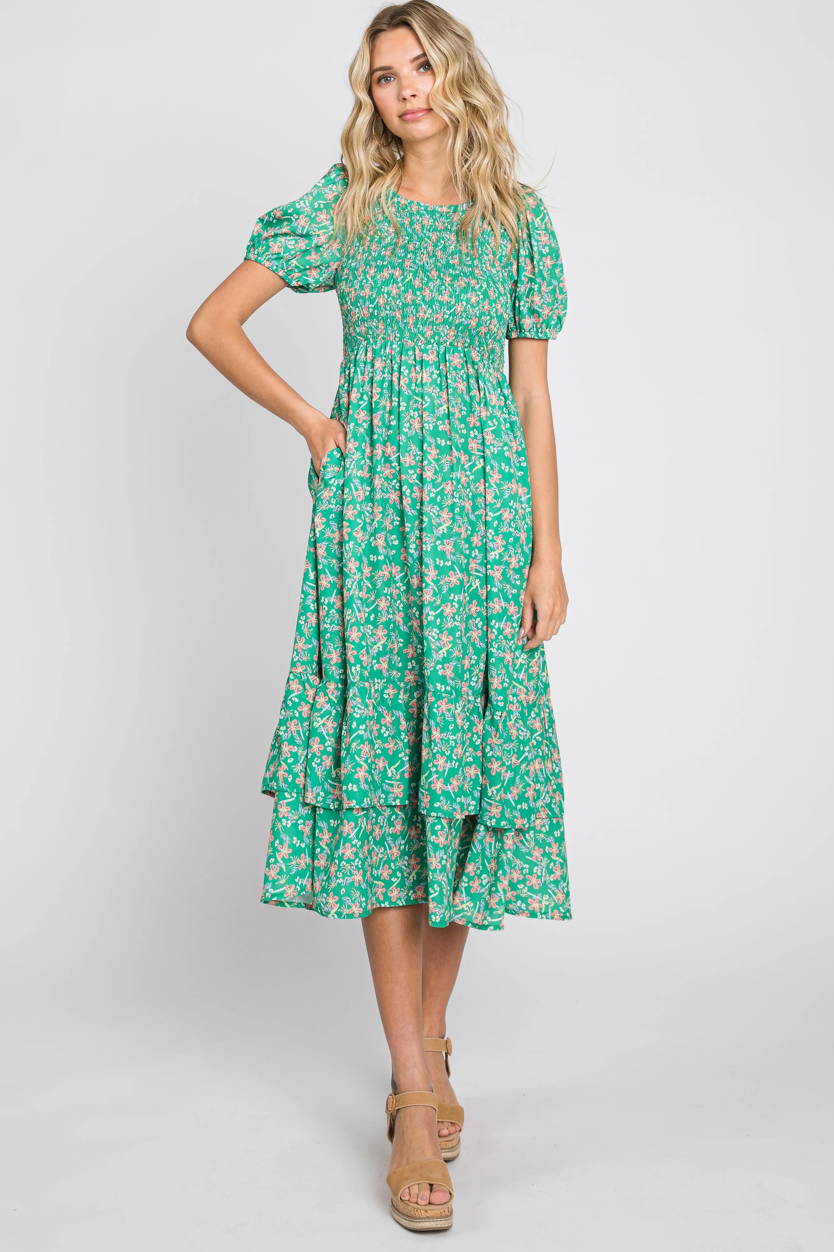 Green Floral Smocked Layered Midi Dress sold by Pinkblush