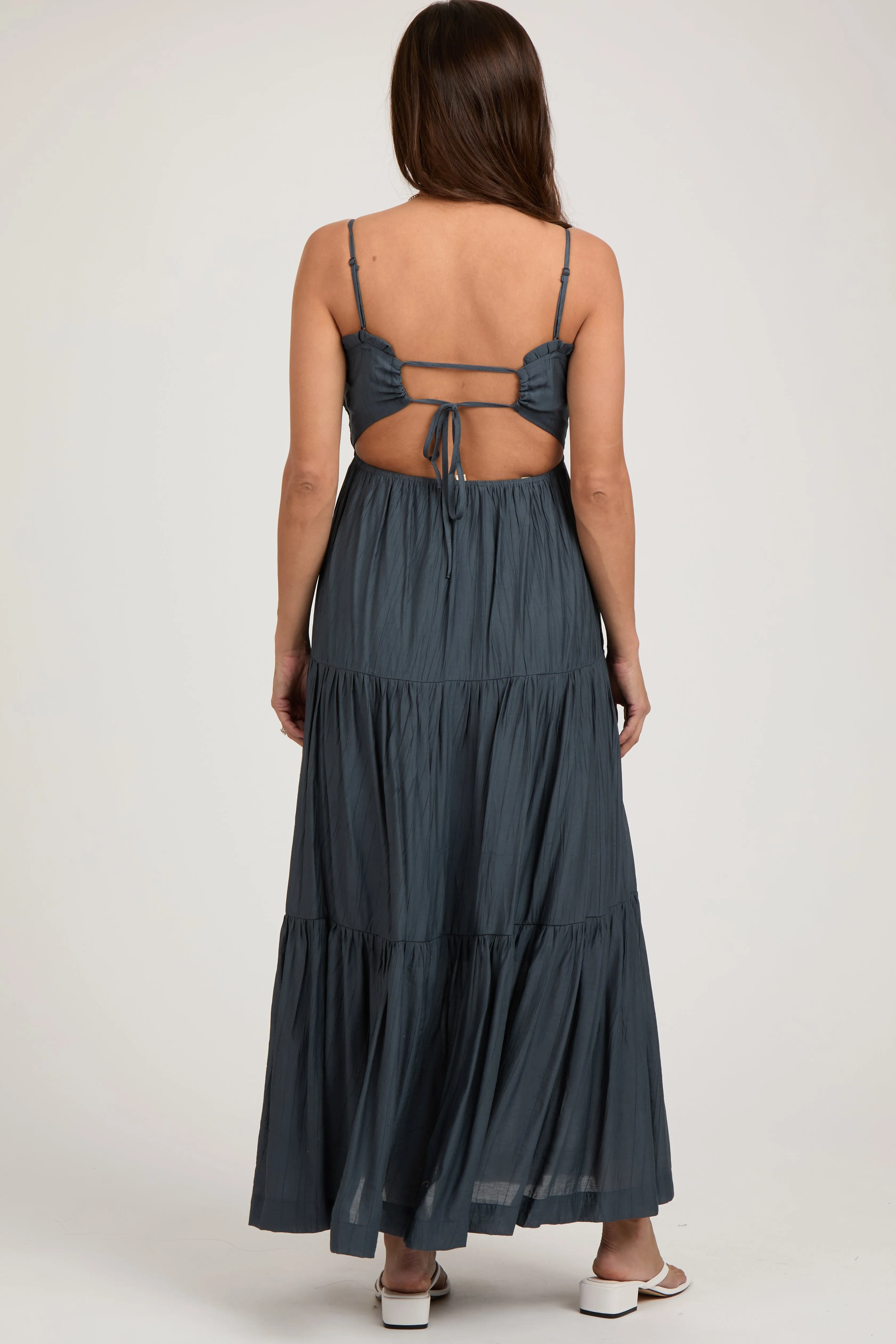 Navy Blue Smocked Square Neck Back Cutout Tiered Maternity Midi Dress sold by Pinkblush product image thumbnail 4