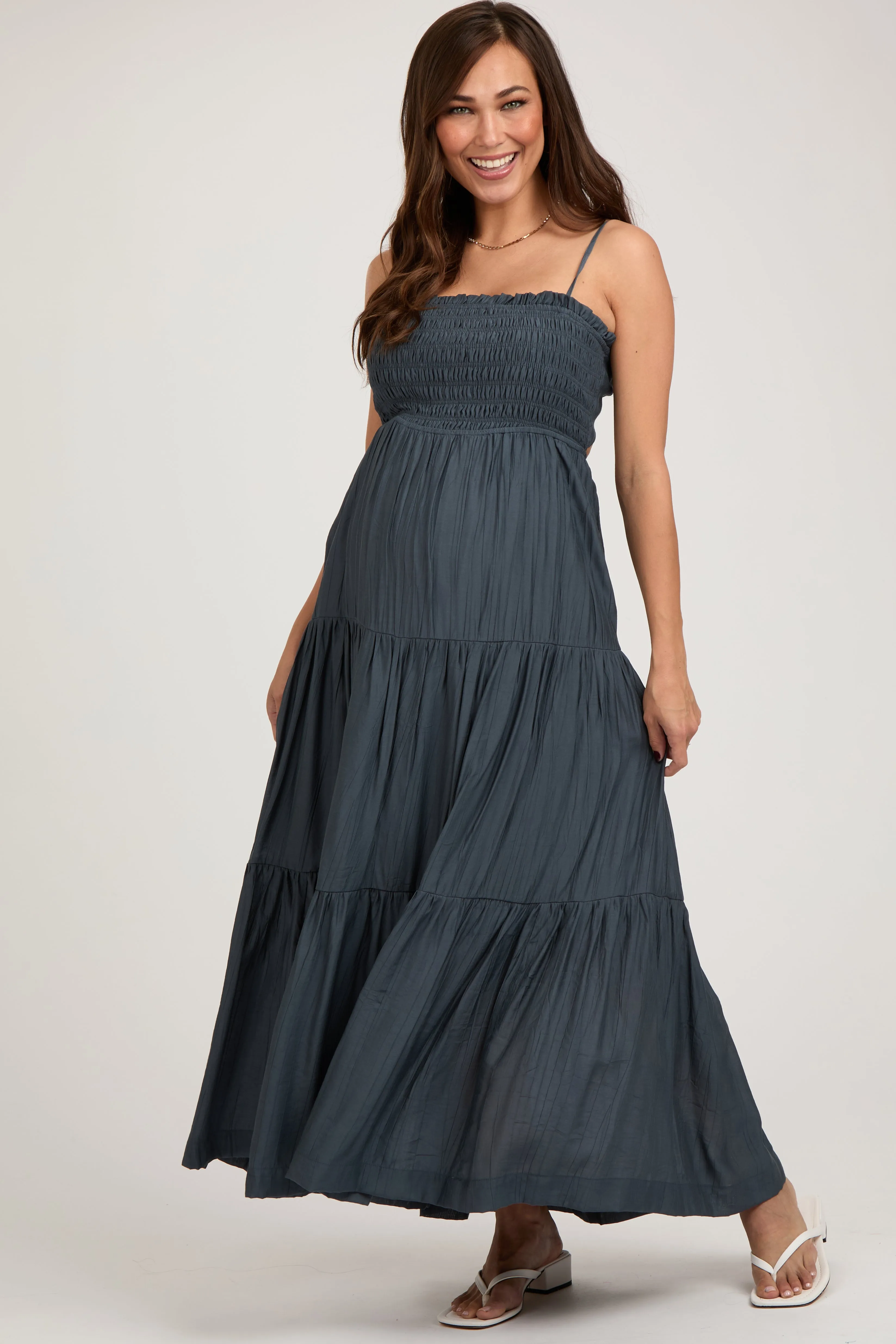 Navy Blue Smocked Square Neck Back Cutout Tiered Maternity Midi Dress sold by Pinkblush