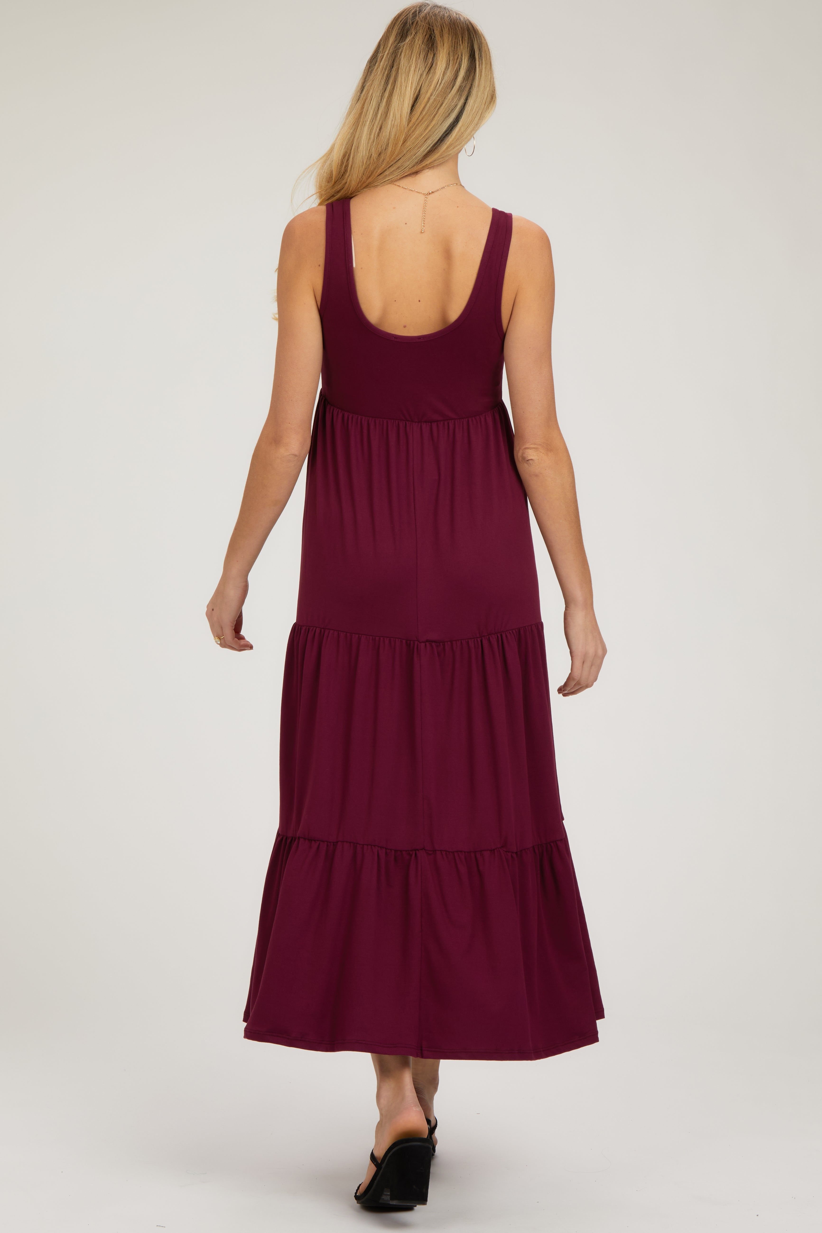 Burgundy Sleeveless Scoop Back Tiered Maternity Maxi Dress sold by Pinkblush product image thumbnail 3