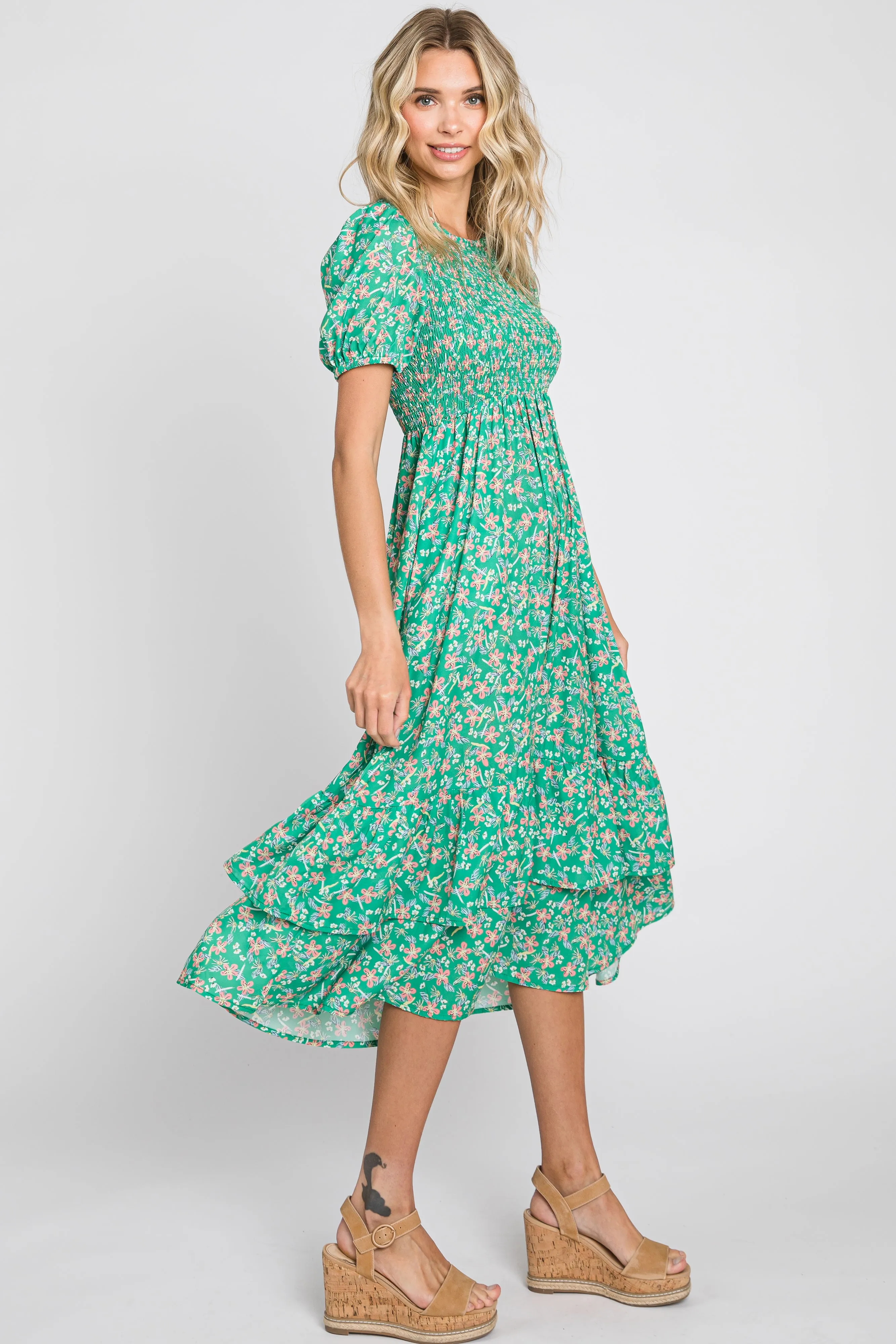 Green Floral Smocked Layered Midi Dress sold by Pinkblush product image thumbnail 2