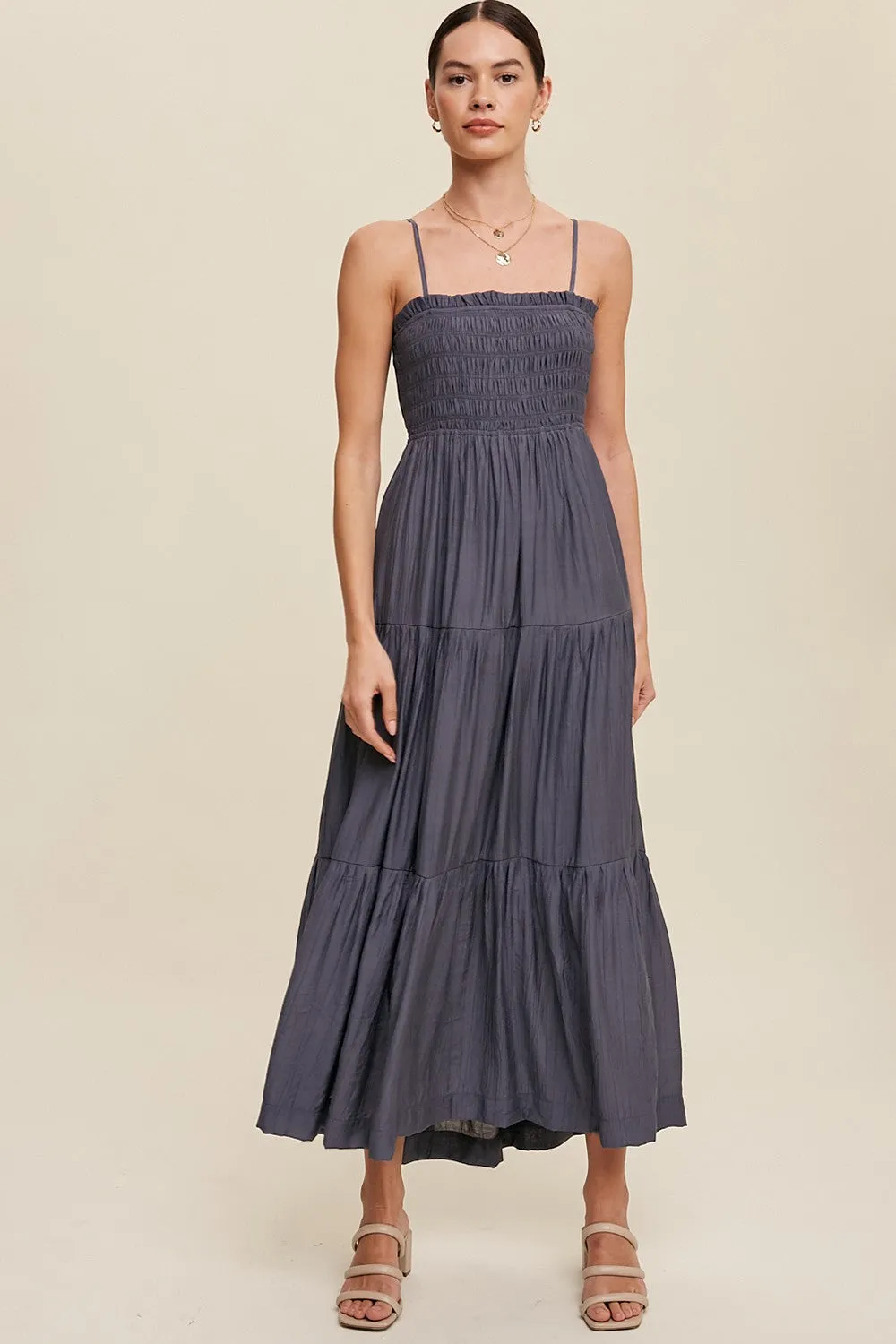 Navy Blue Smocked Square Neck Back Cutout Tiered Maternity Midi Dress sold by Pinkblush product image thumbnail 5