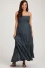 Navy Blue Smocked Square Neck Back Cutout Tiered Maternity Midi Dress sold by Pinkblush