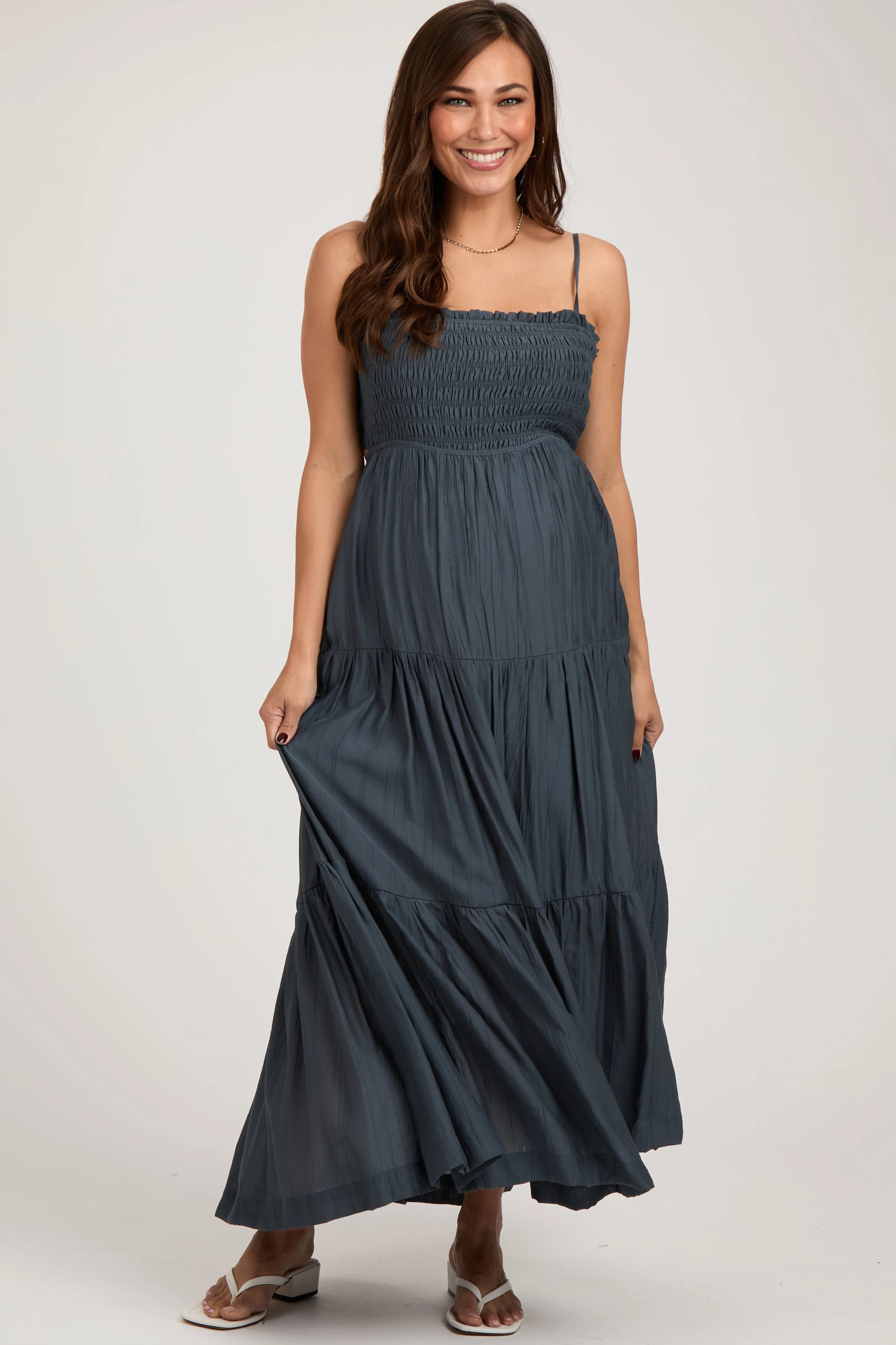 Navy Blue Smocked Square Neck Back Cutout Tiered Maternity Midi Dress sold by Pinkblush product image thumbnail 2