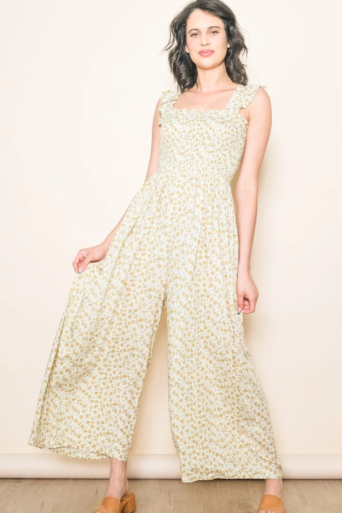 Cream Floral Flowy Jumpsuit sold by Pinkblush