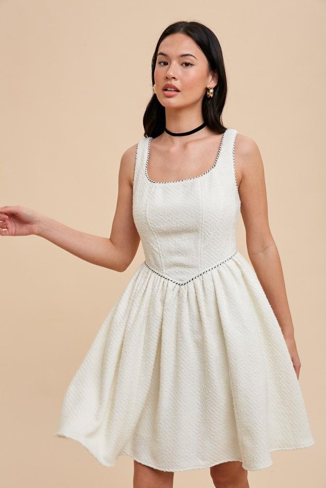 Ivory Tweed Puff Mini Dress sold by Pinkblush