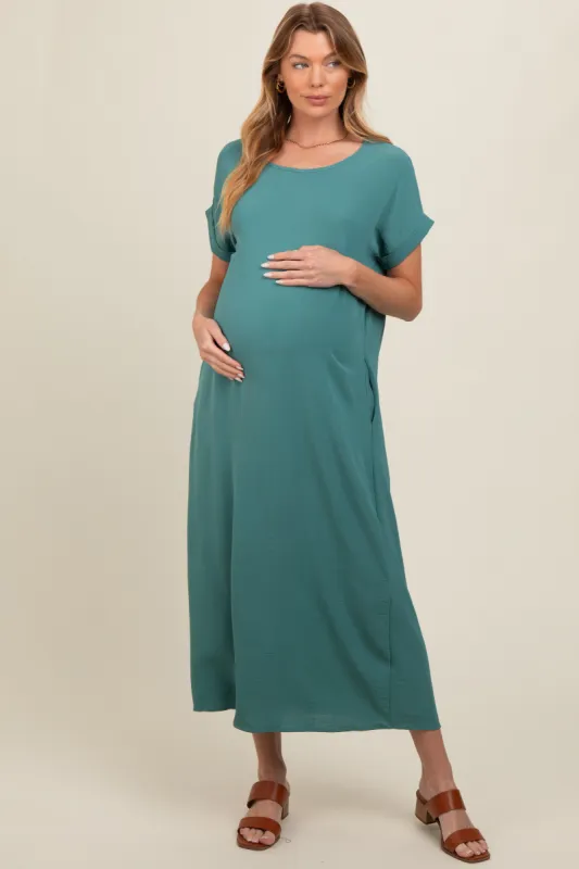Teal Rolled Cuff Maternity Midi Dress sold by Pinkblush