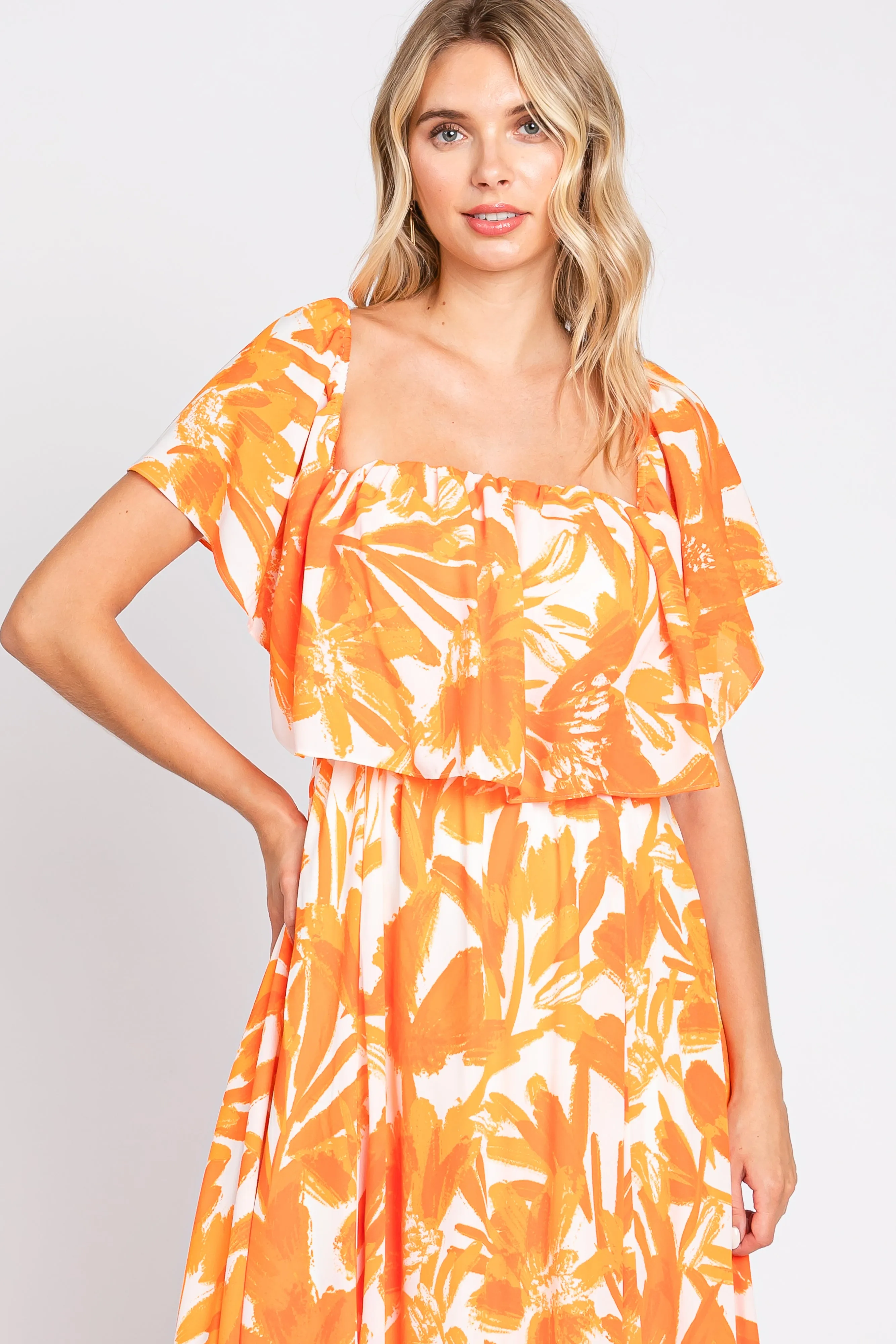 Orange Floral Off Shoulder Flounce Maxi Dress sold by Pinkblush product image thumbnail 4