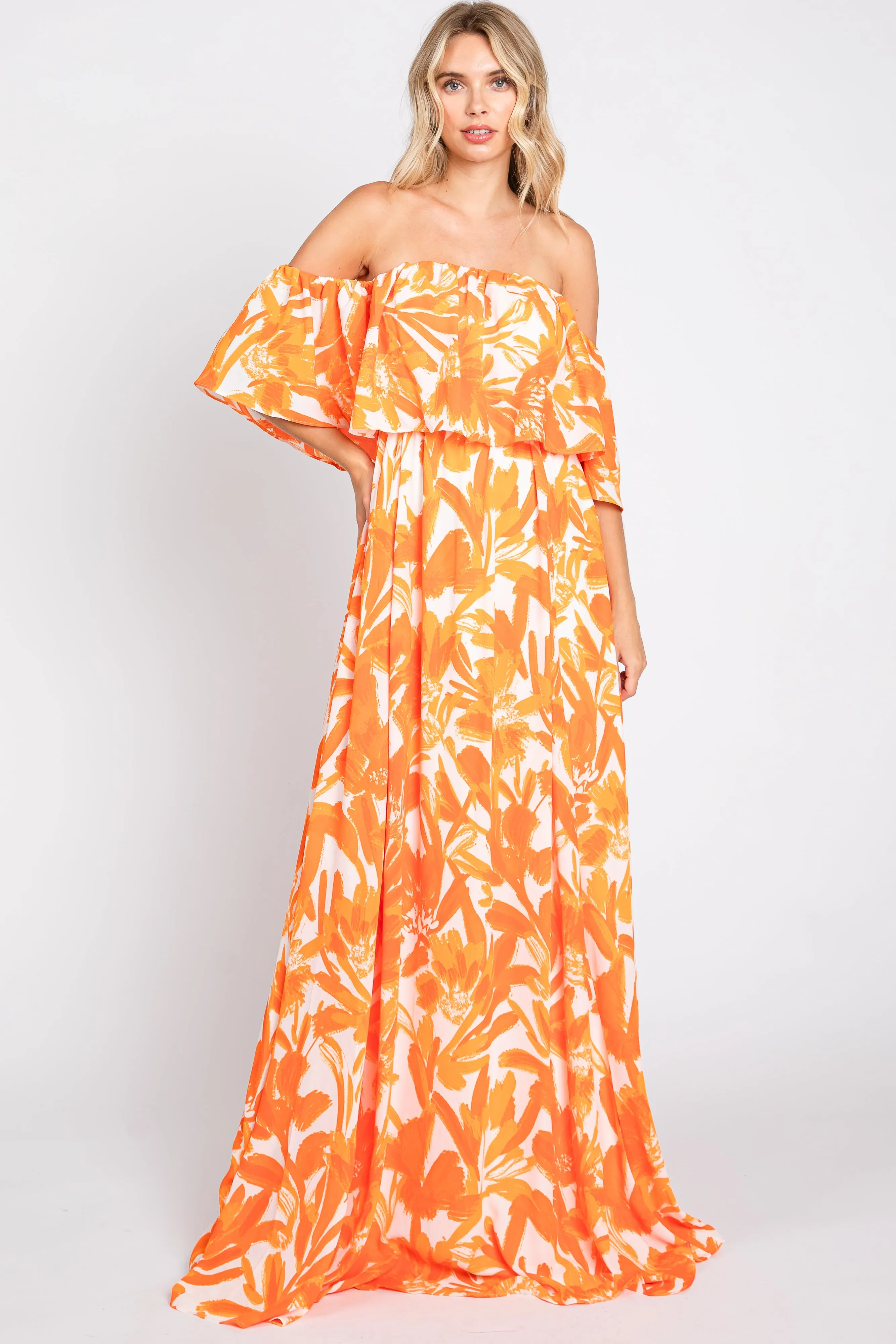 Orange Floral Off Shoulder Flounce Maxi Dress sold by Pinkblush