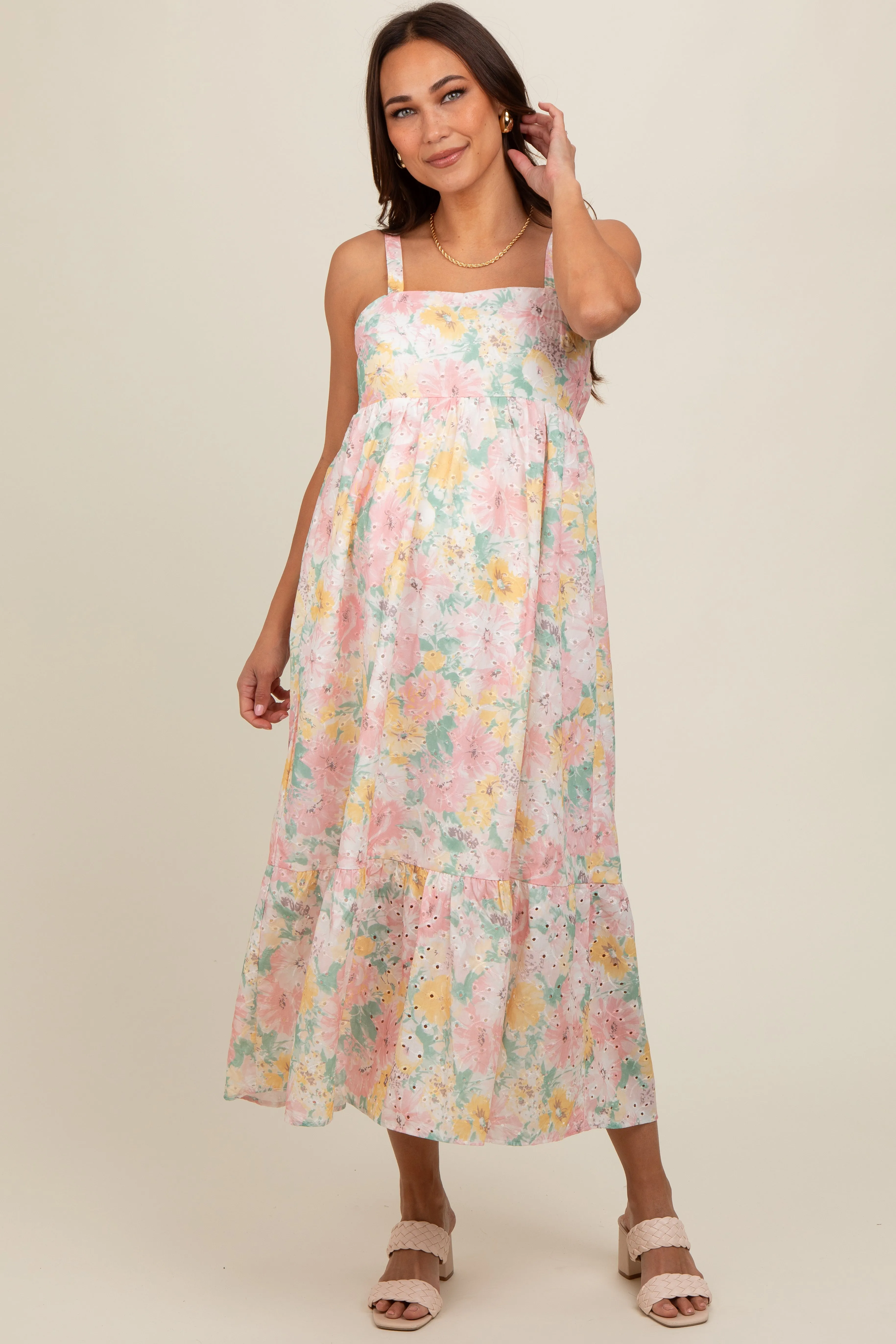 Multi-Color Floral Eyelet Square Neck Maternity Midi Dress sold by Pinkblush