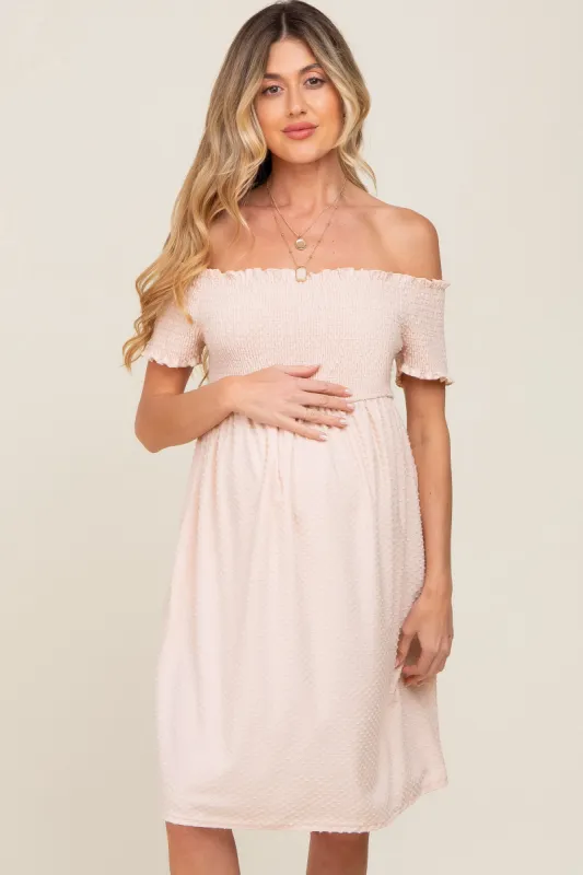 Peach Swiss Dot Off Shoulder Maternity Dress sold by Pinkblush