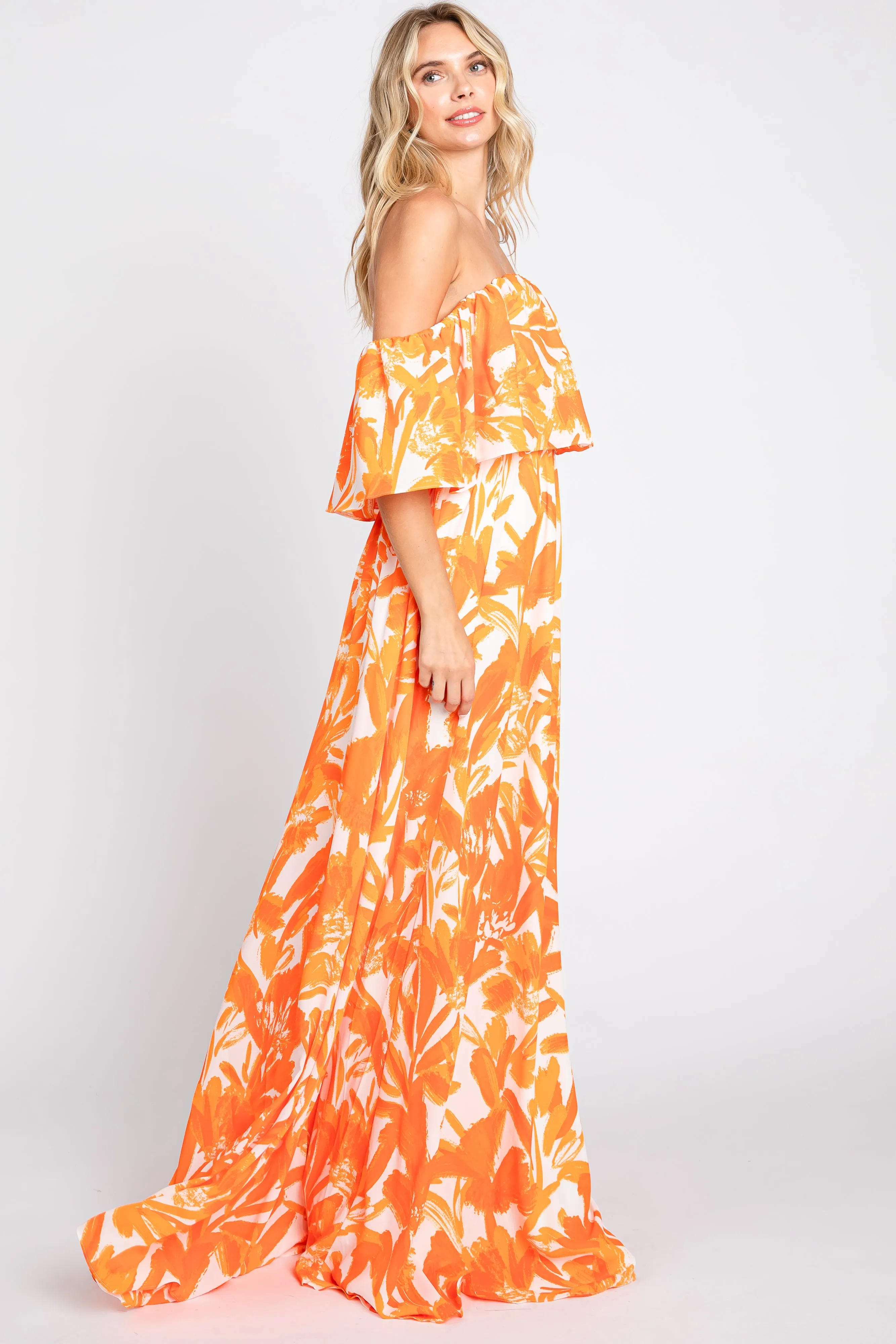 Orange Floral Off Shoulder Flounce Maxi Dress sold by Pinkblush product image thumbnail 2