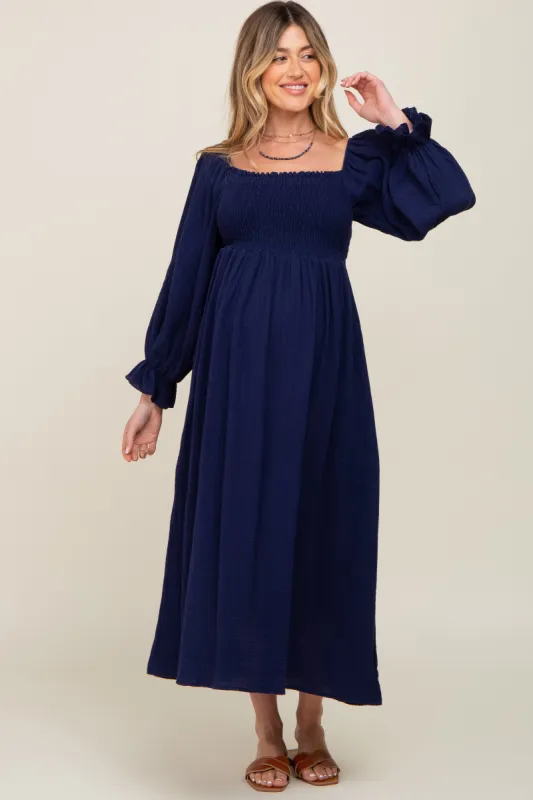 Navy Gauze Smocked Maternity Midi Dress sold by Pinkblush