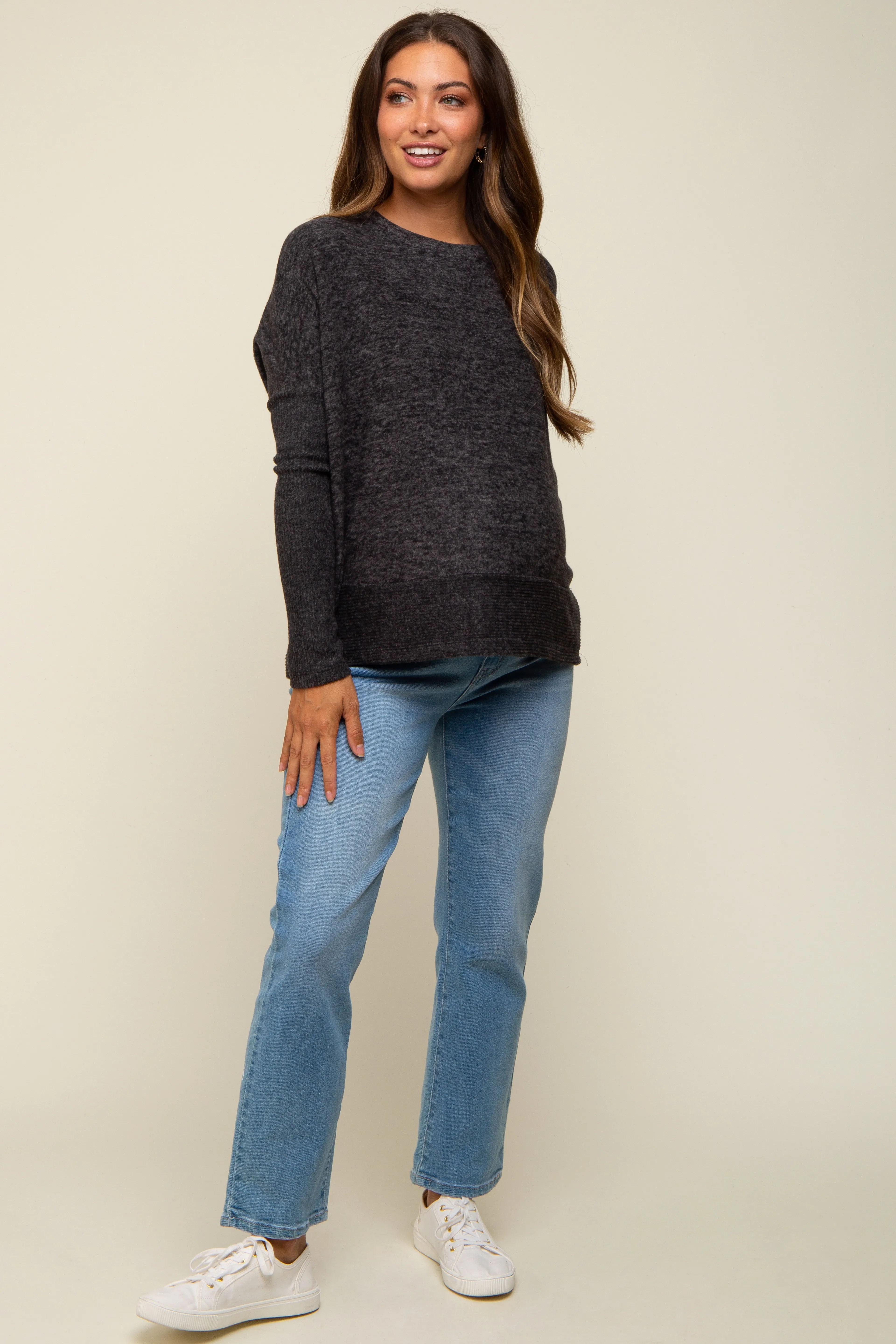 Black Heather Brushed Knit Maternity Top sold by Pinkblush