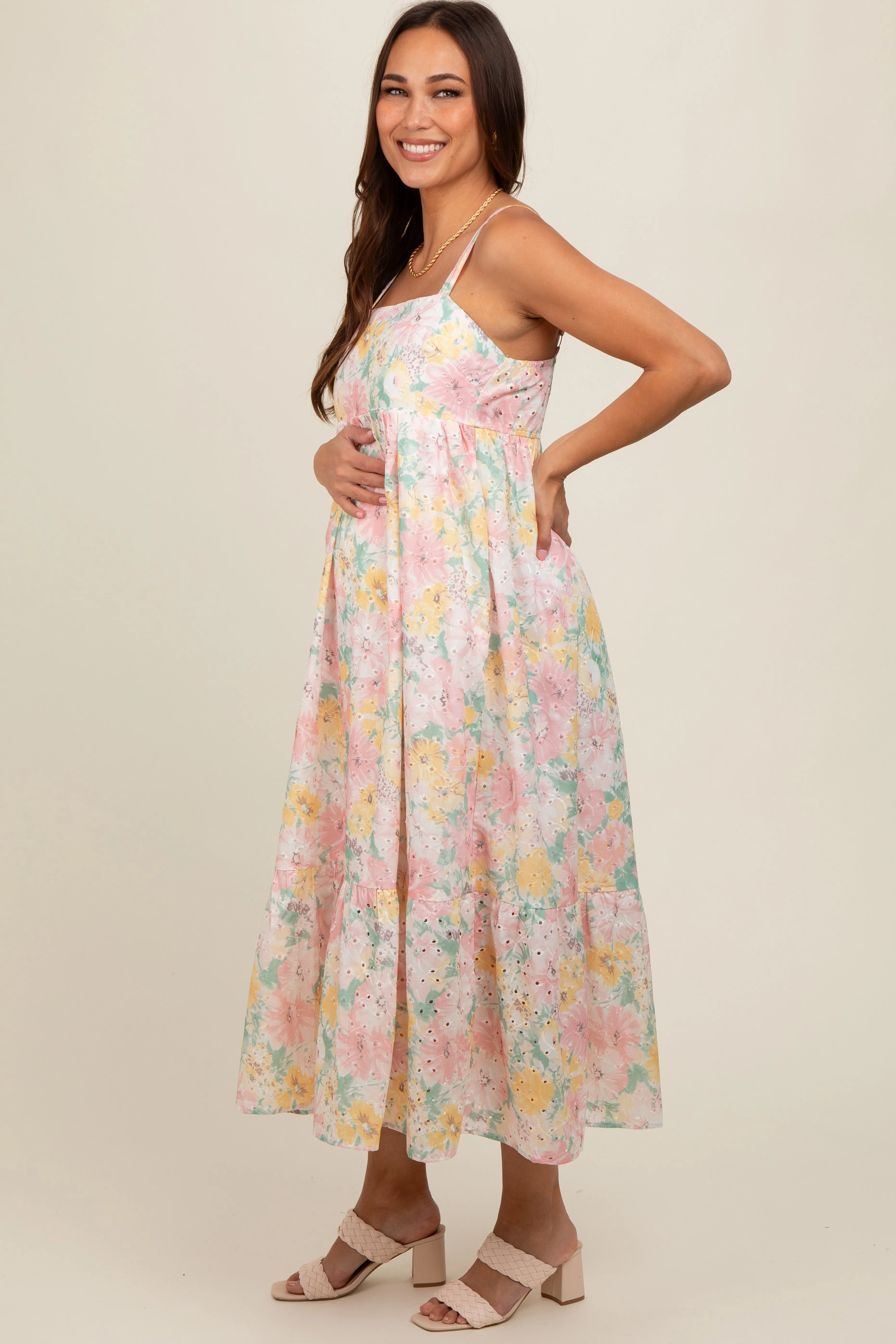 Multi-Color Floral Eyelet Square Neck Maternity Midi Dress sold by Pinkblush product image thumbnail 2