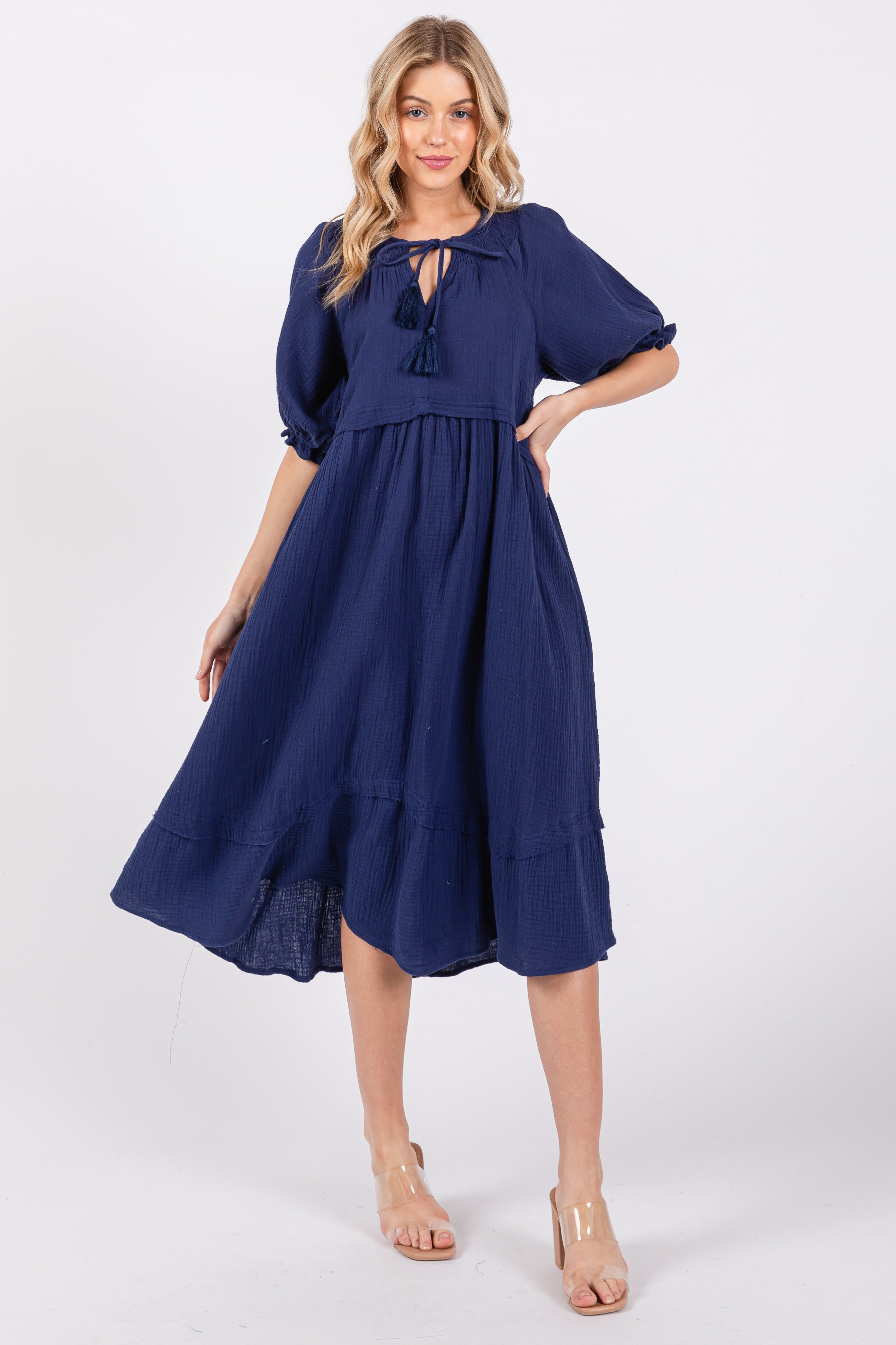 Navy Blue Tassel Tie Midi Dress sold by Pinkblush